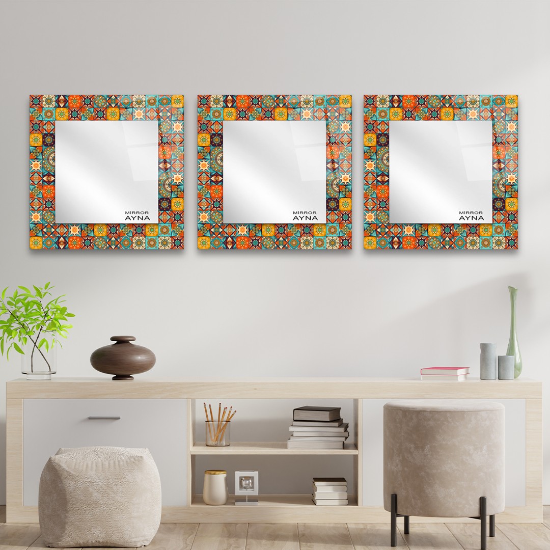 Tile Patterned Glass Mirror Three Piece Set Bodrum  - Square