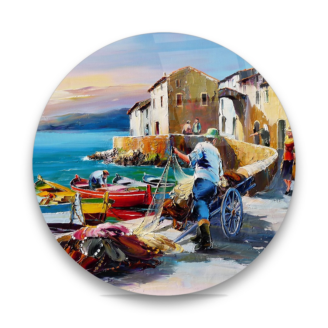 Fishermen Oil Painting - Circle Glass Art