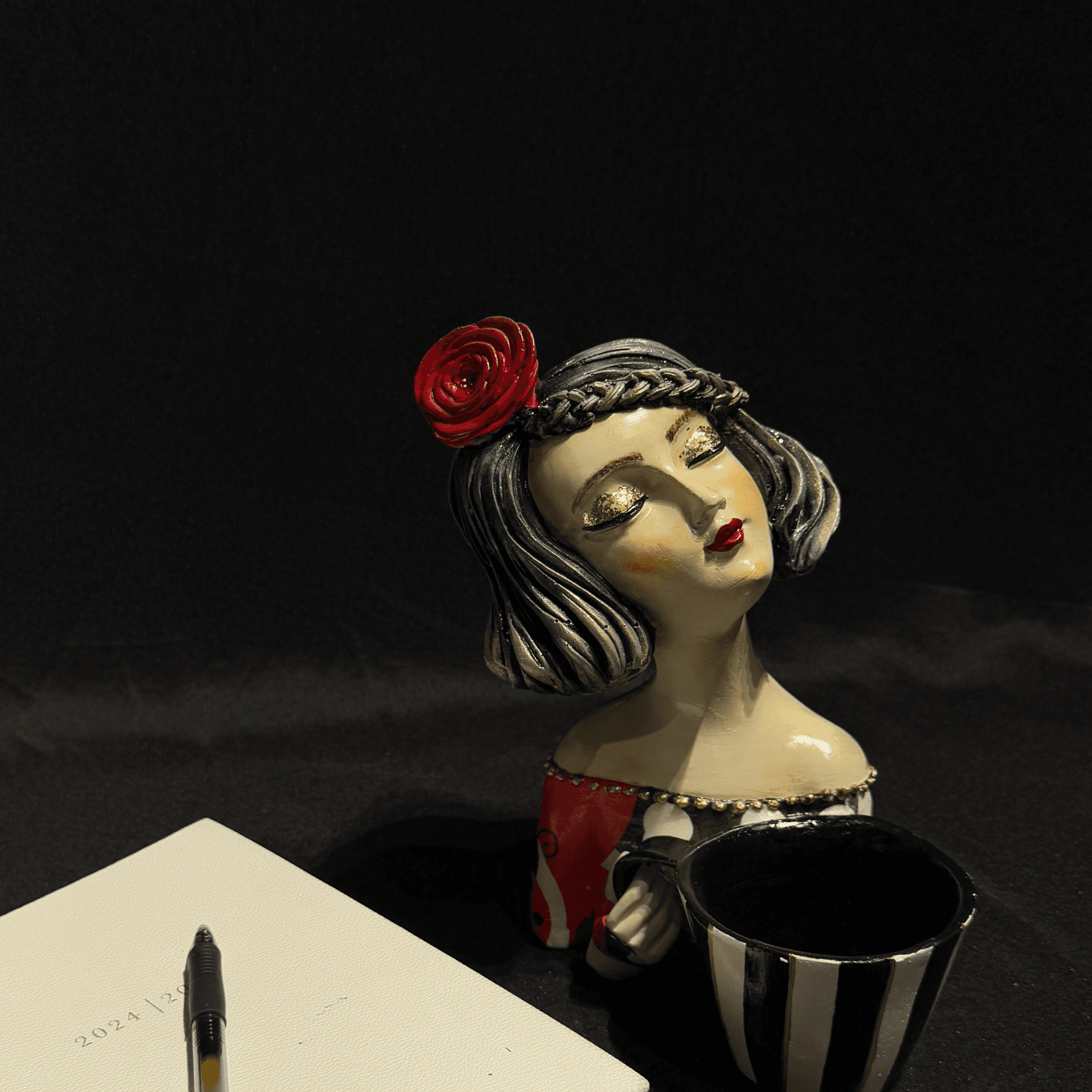 Decorative Sculpture with Red Rose Hairpiece Handmade