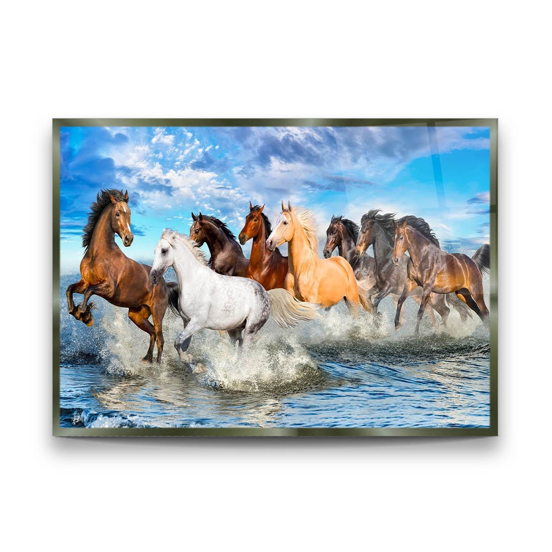 Water Horses - Premium Tempered Glass Wall Art Horizontal