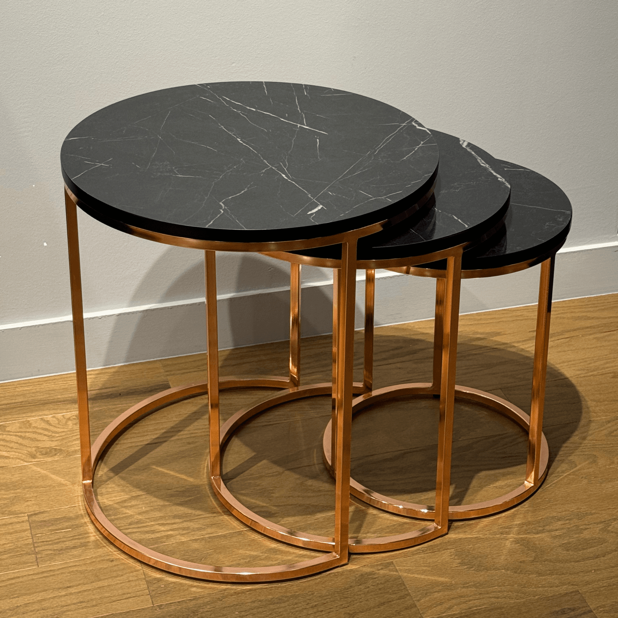 Ferozzi Luxe Marble-Look Nesting Coffee Table Set with Rose Gold Metal Frames