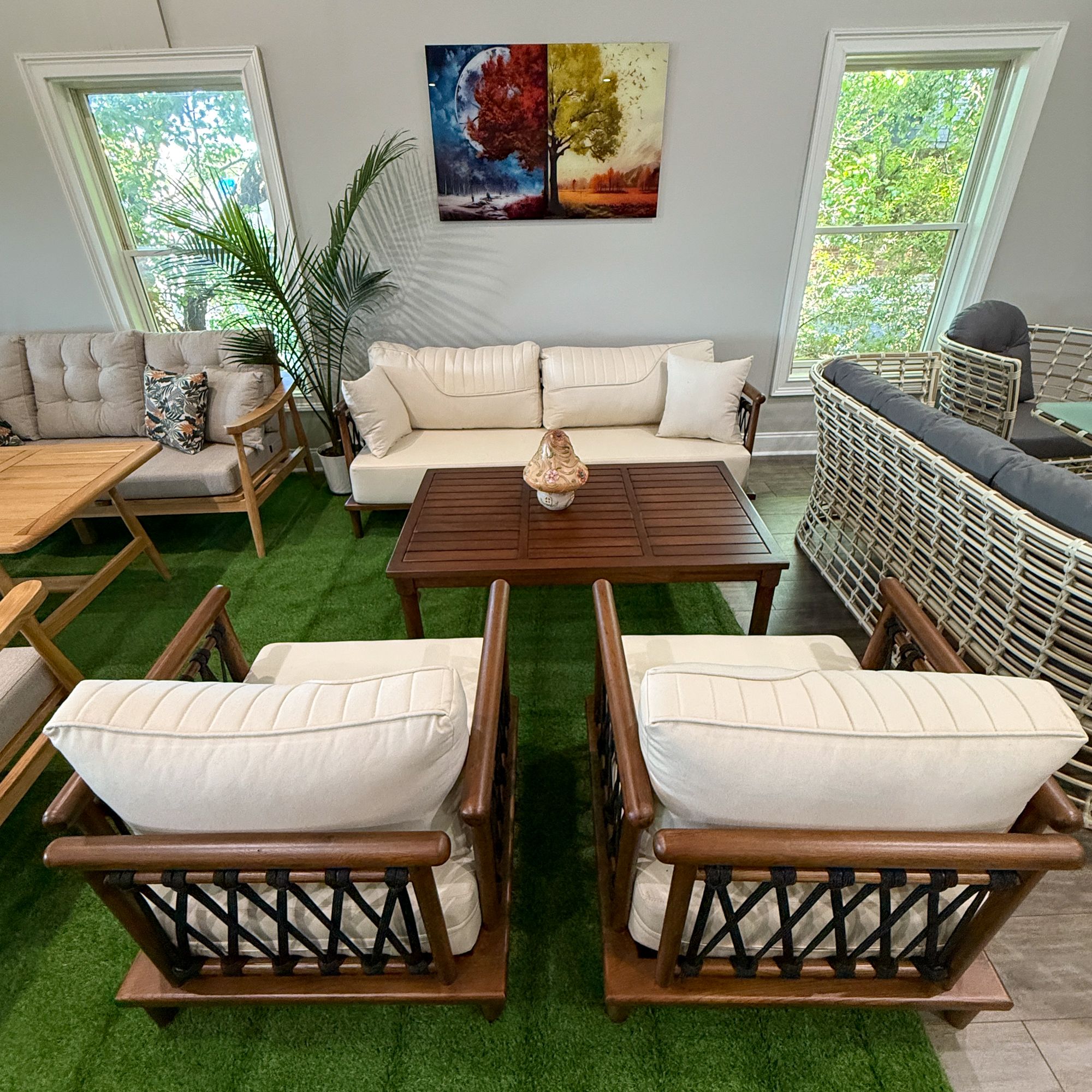 Ferozzi Santorini Outdoor Teak Sofa Set – 3-Seater + 2 Armchairs + Coffee Table | Waterproof Cushions