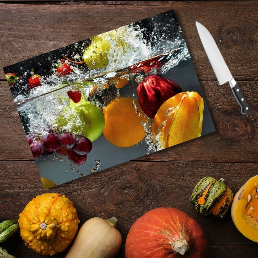 Tempered Glass Cutting Board - 12" x 17" Durable Shatterproof Kitchen Tool with Mixed Fruits Splash Design | Perfect Gift for Mother’s Day, Christmas, and Housewarming