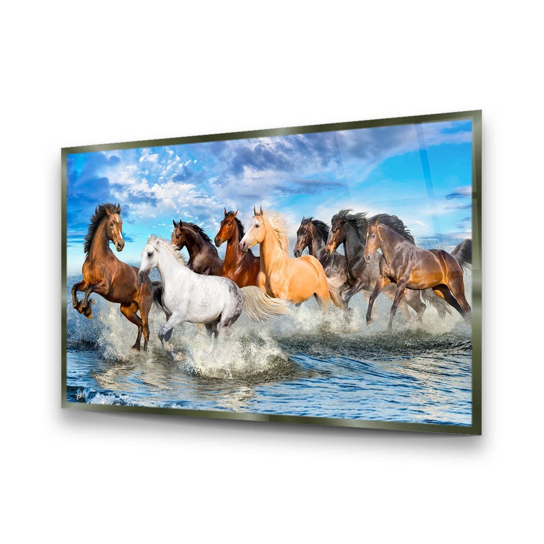 Water Horses - Premium Tempered Glass Wall Art Horizontal