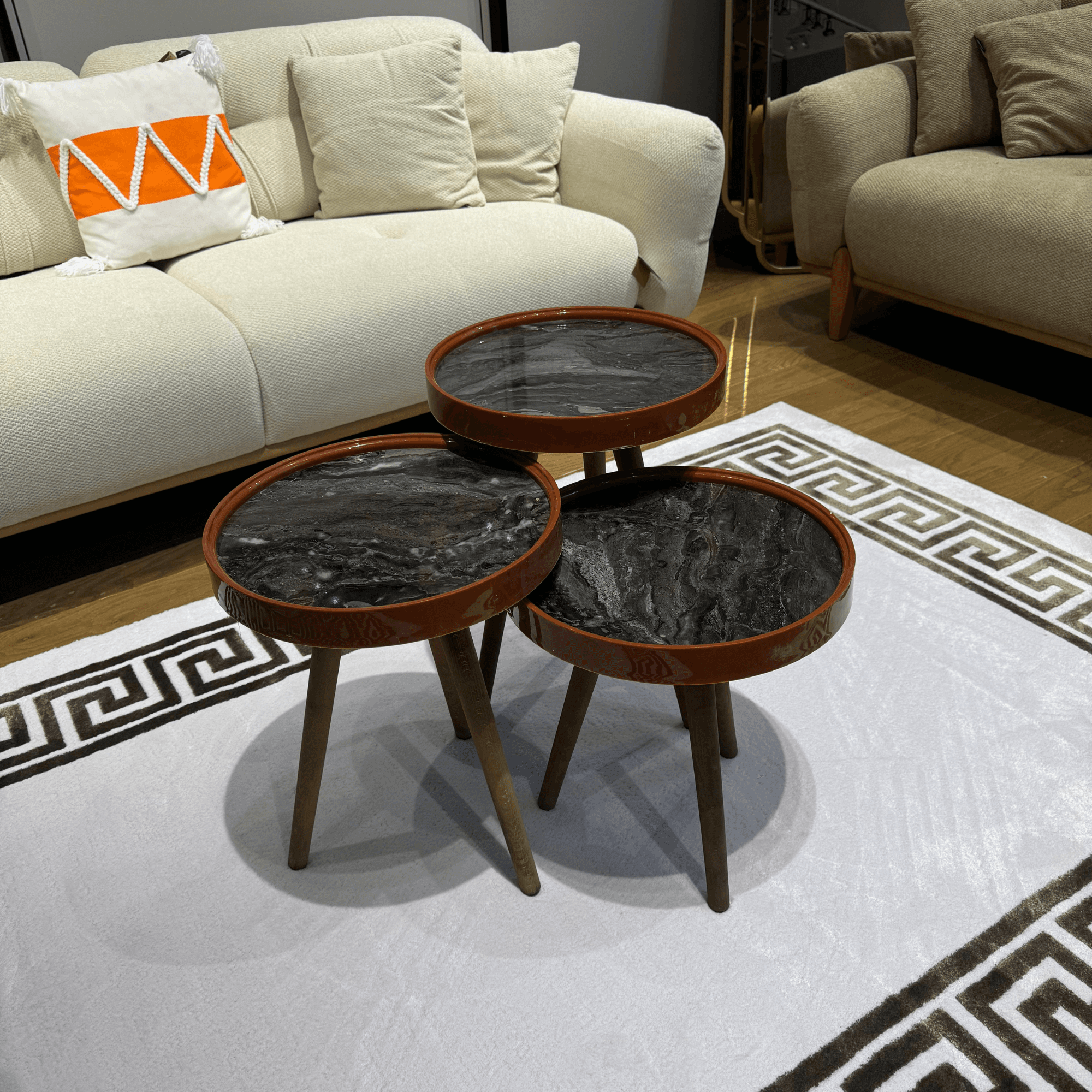 Ferozzi G -4  Black Marble-Style Round Nesting Table Set with Solid Wood Legs