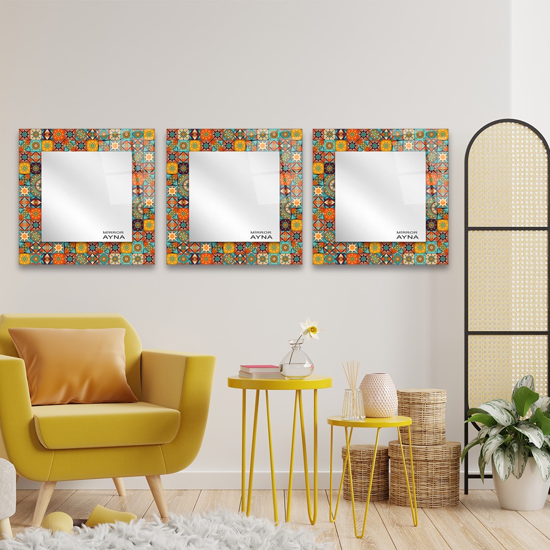 Tile Patterned Glass Mirror Three Piece Set Bodrum  - Square