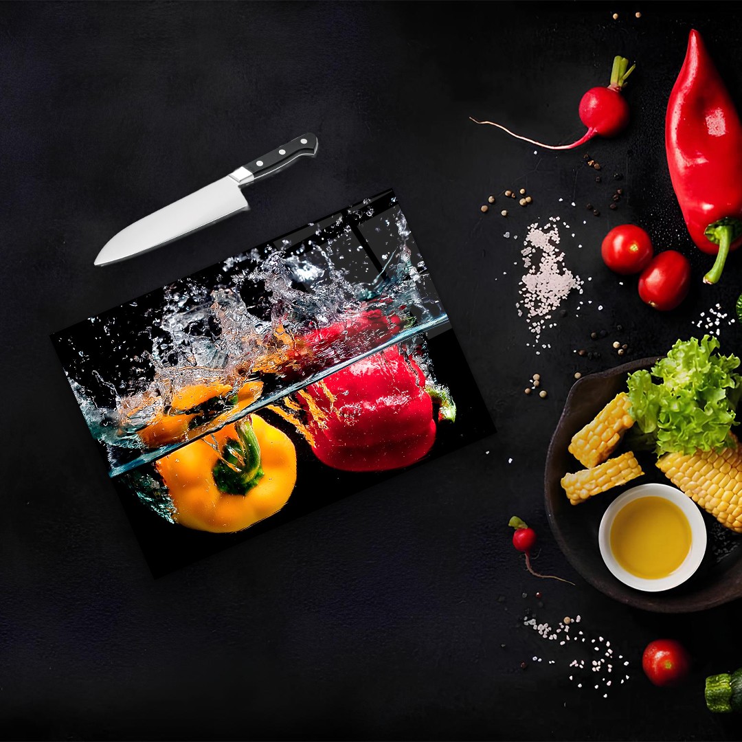 Tempered Glass Cutting Board Durable Shatterproof Kitchen Tool with Yellow and Red Pepper Design  Perfect Gift for Mother’s Day, hristmas and Housewarming