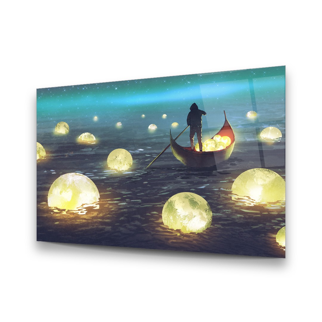 Balls Of Light and Lost Boat - Horizontal Wall Glass Art