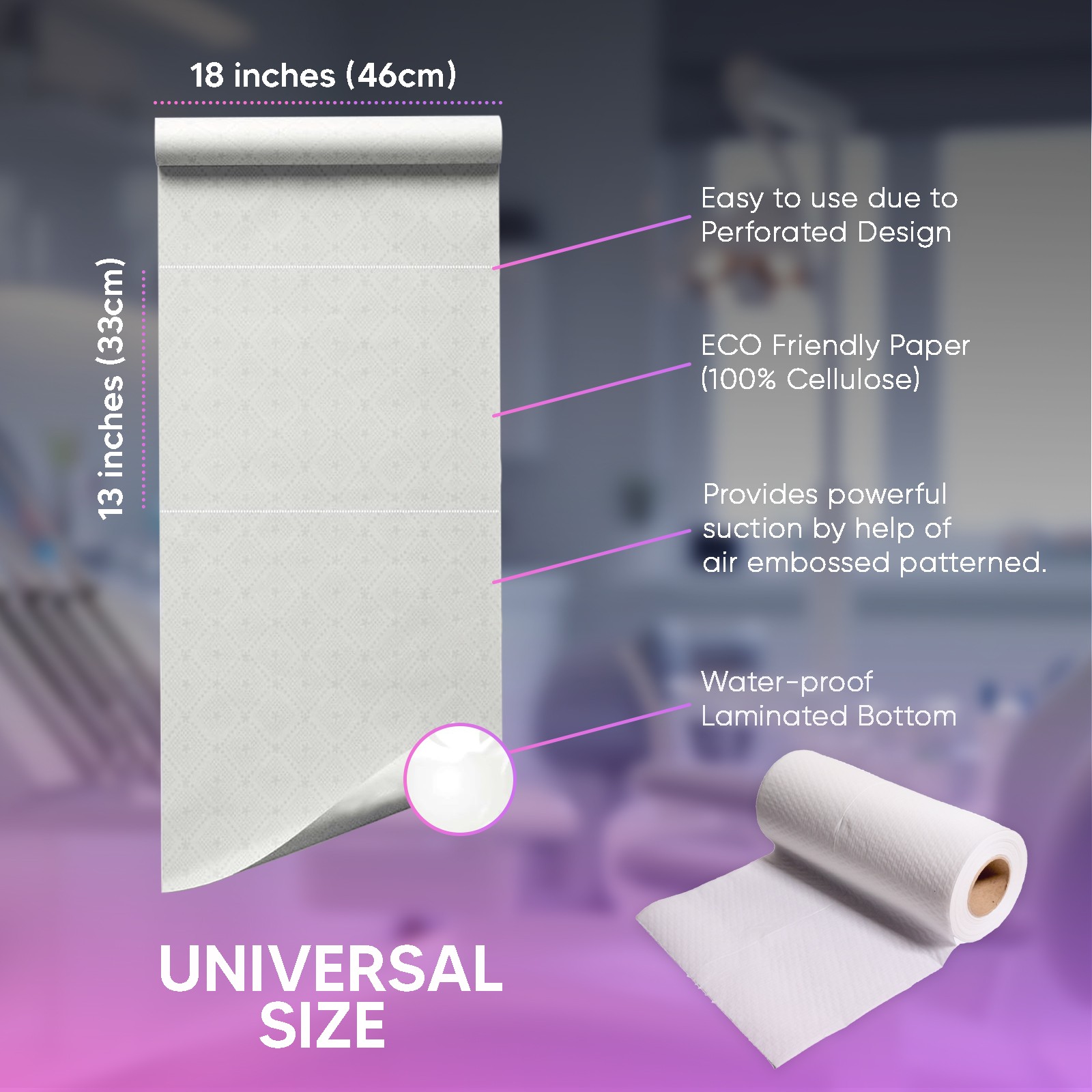 On Roll Paper 2 Rolls Bundle 100-Sheets per Roll Disposable Dental Bibs 40 x 30 Cm - 2 Ply Waterproof Tattoo Bib - Sheet for Patients - Dentist or Medical Tray Cover and Nail Table Cover Supplies, White (Total 200 Sheets)
