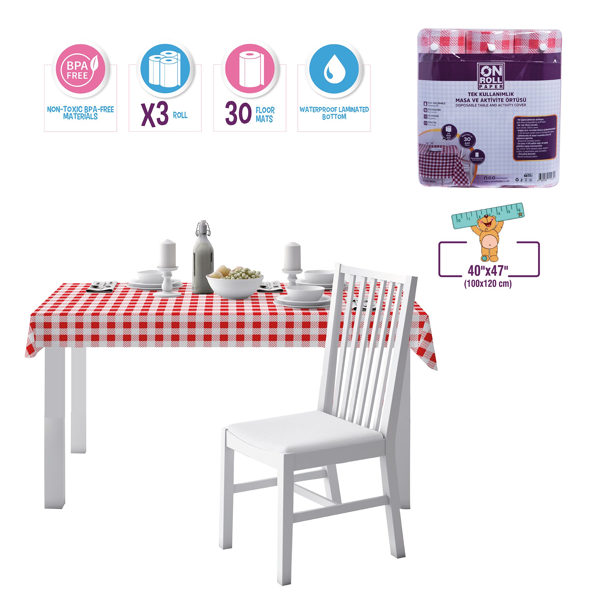 On Roll Paper Disposable Paper Tablecloths | Waterproof - 100x120 cm - 30 Pcs - for Picnic, Art crafts, Parties and Many More Activities