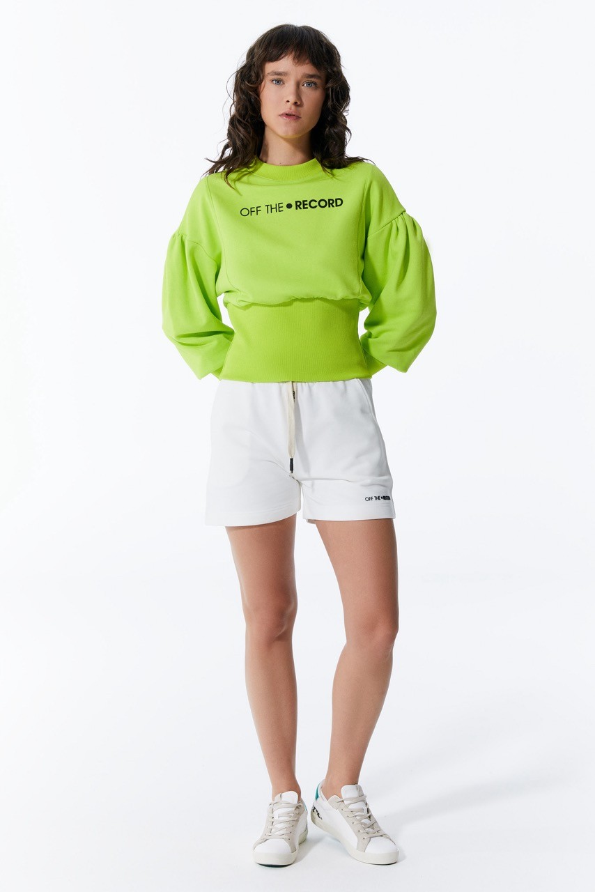 Grünes Damen-Crop-Sweatshirt mit Ballonärmeln