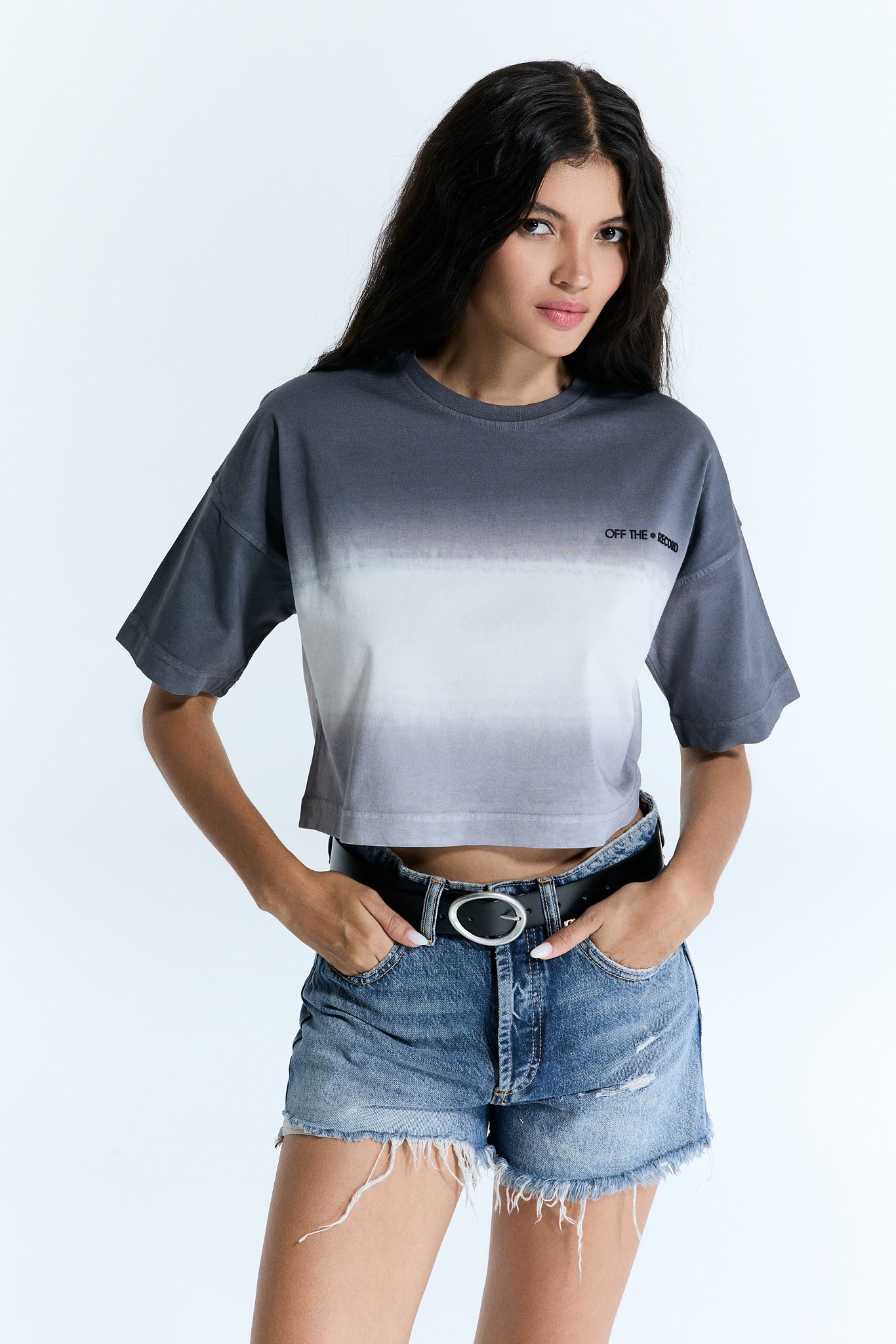 Gradient Damen Grau-Weißes Crop-T-Shirt