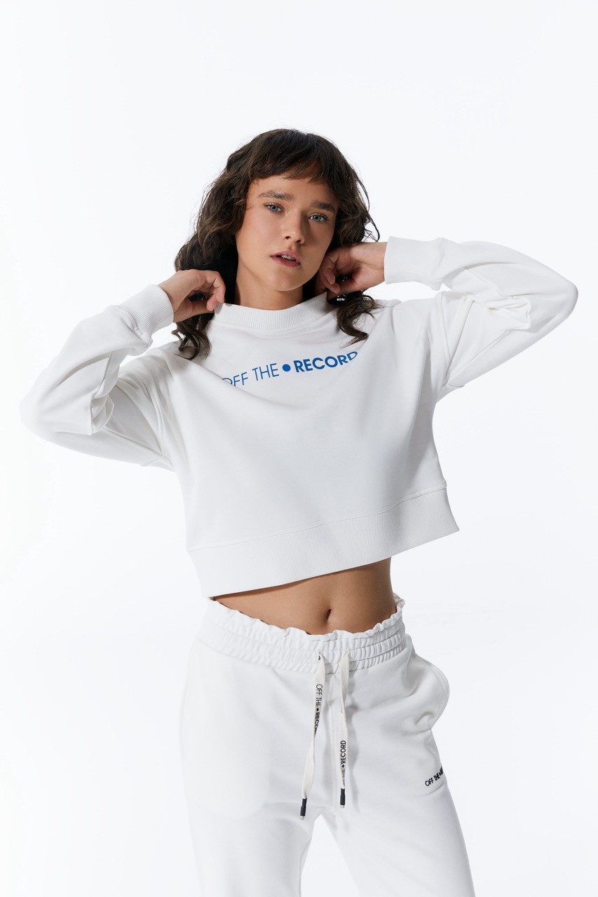 Weißes Basic-Damen-Sweatshirt mit Gummizug in der Taille