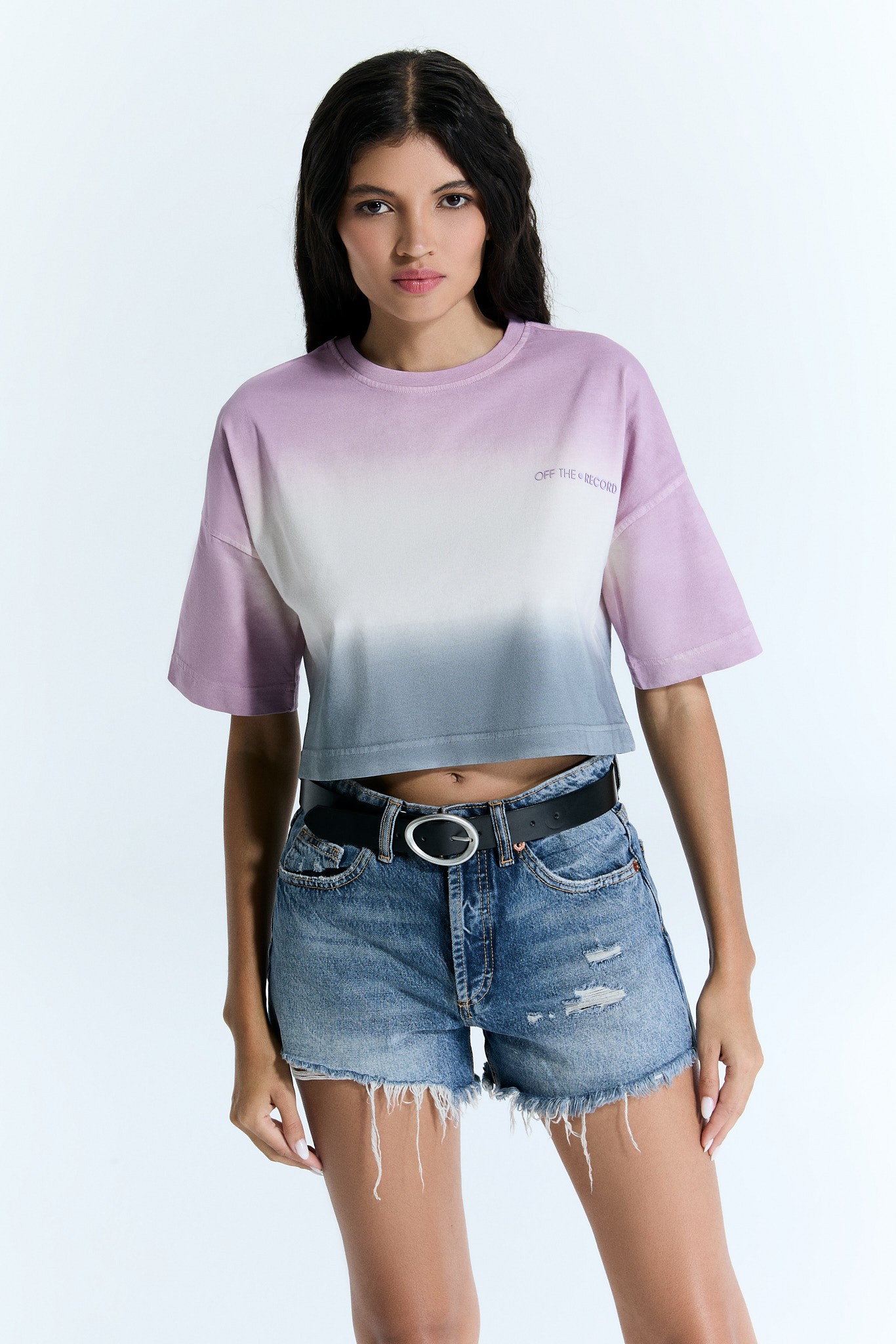 Gradient Damen Rosa-Grau-Weißes Crop-T-Shirt