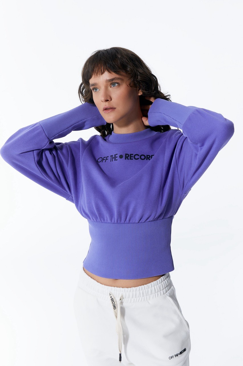 Lila Damen-Crop-Sweatshirt mit Ballonärmeln