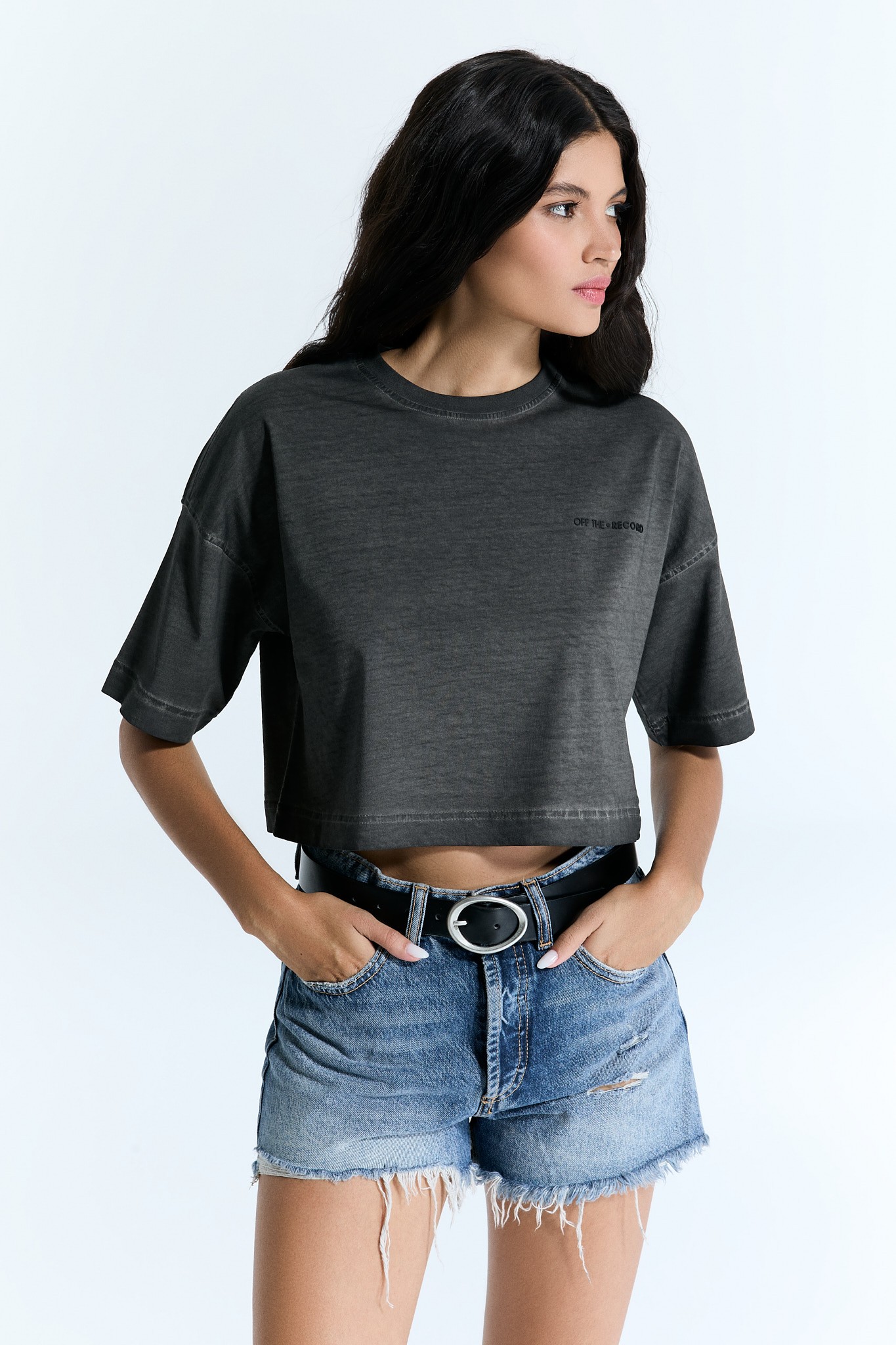 Kurzarm Basic Anthrazit Damen Crop