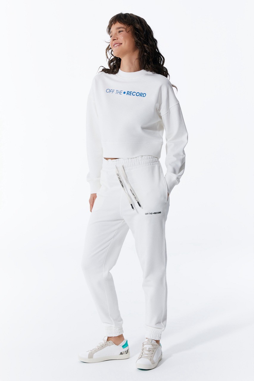 Weißes Basic-Damen-Sweatshirt mit Gummizug in der Taille