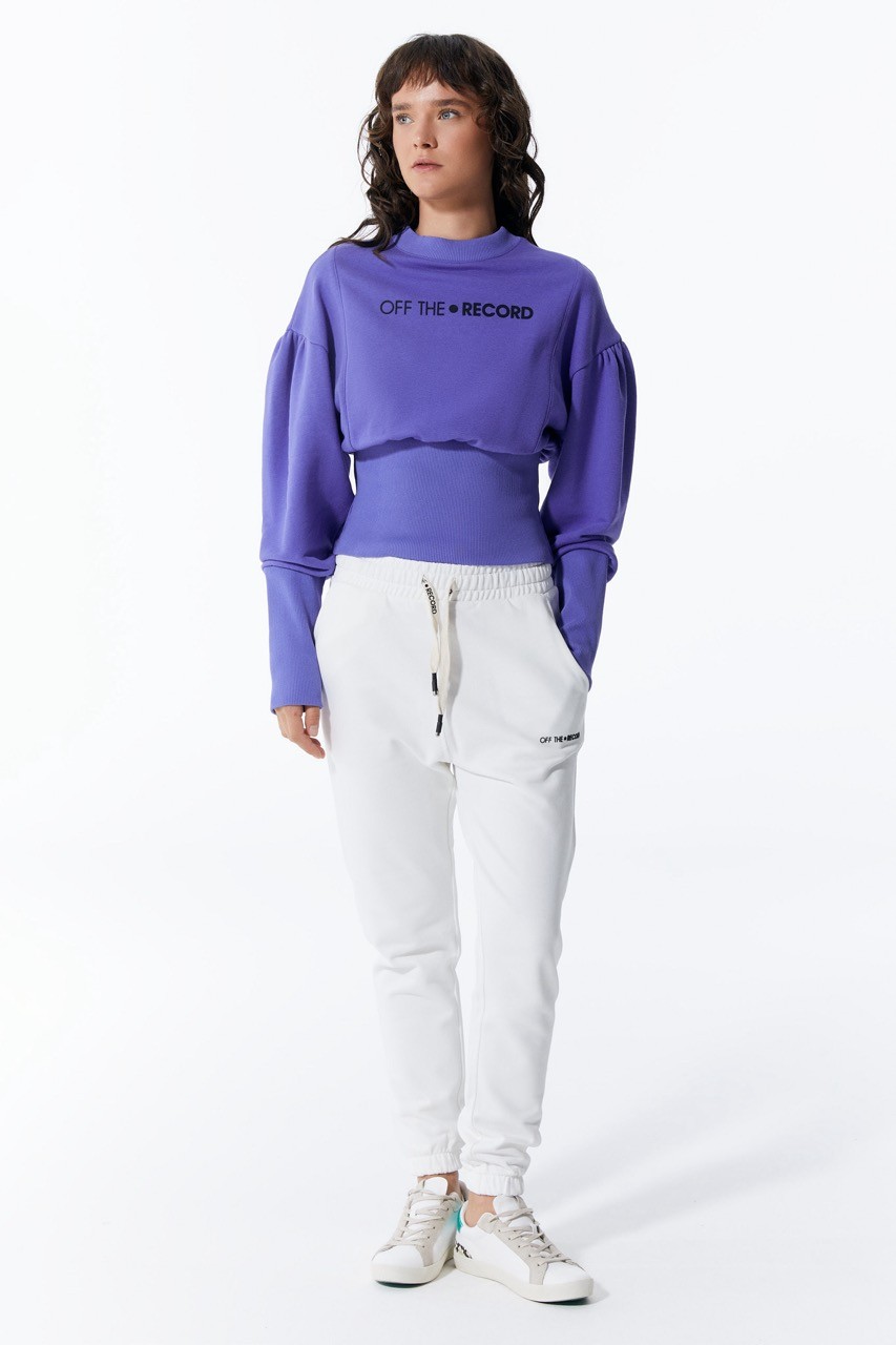 Lila Damen-Crop-Sweatshirt mit Ballonärmeln