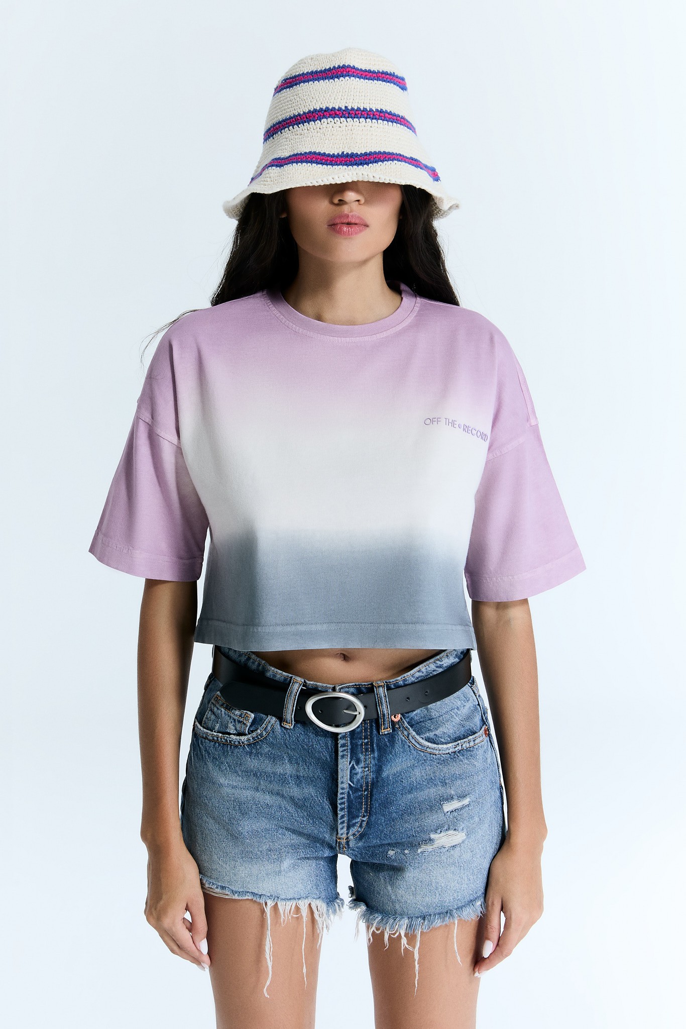 Gradient Damen Rosa-Grau-Weißes Crop-T-Shirt