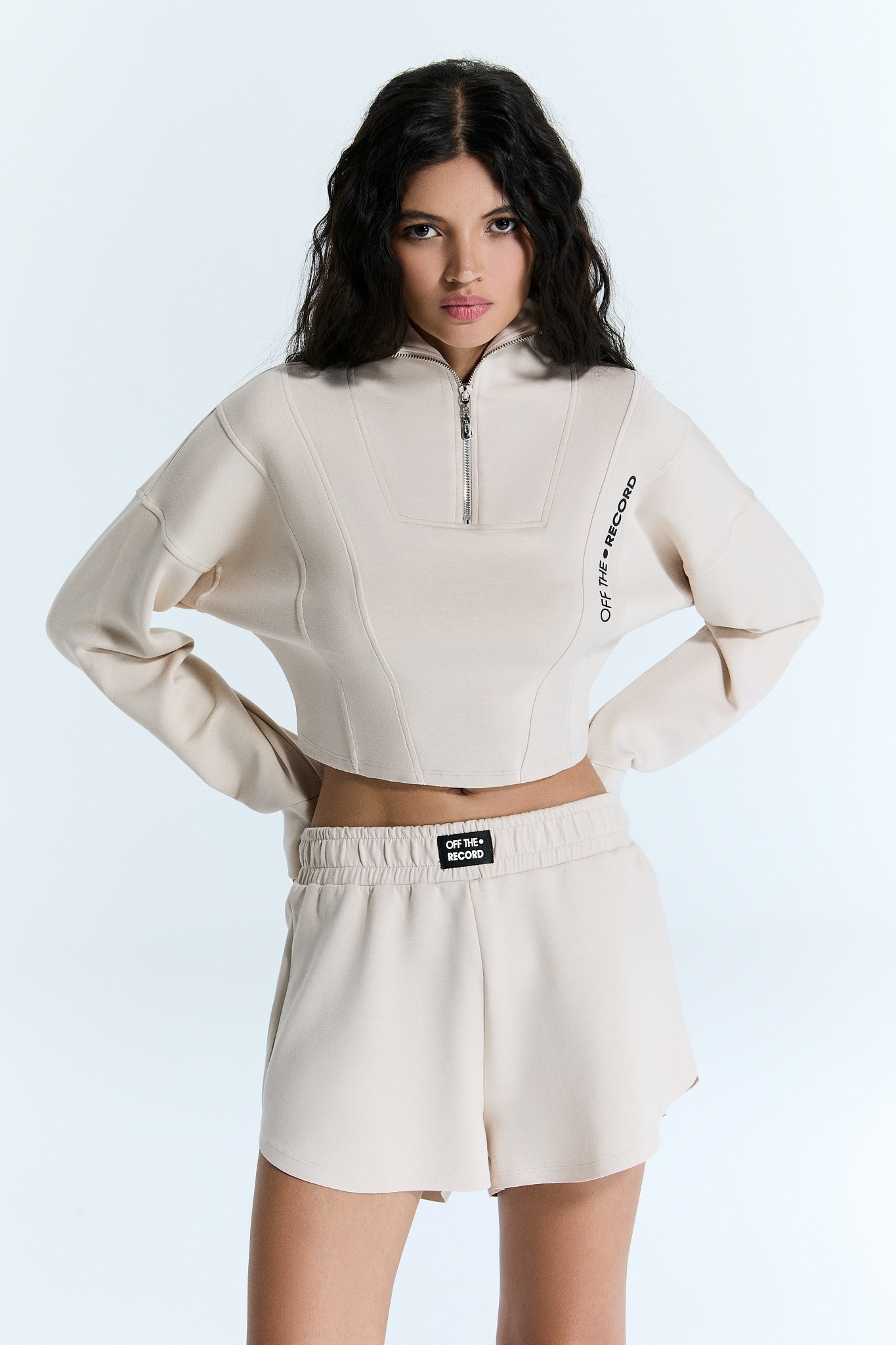 Zip Crop Creme Sweatshirt für Frauen