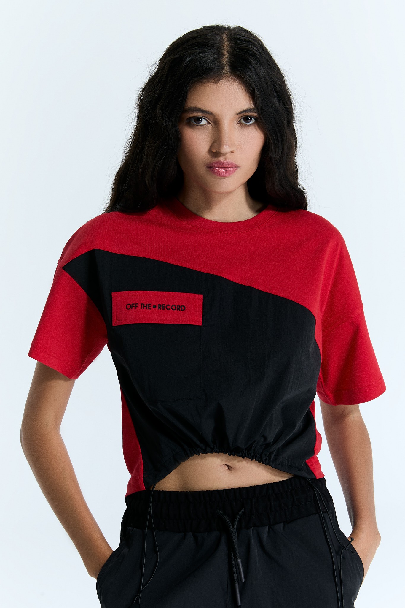 Rot-Schwarzes Damen Crop T-Shirt