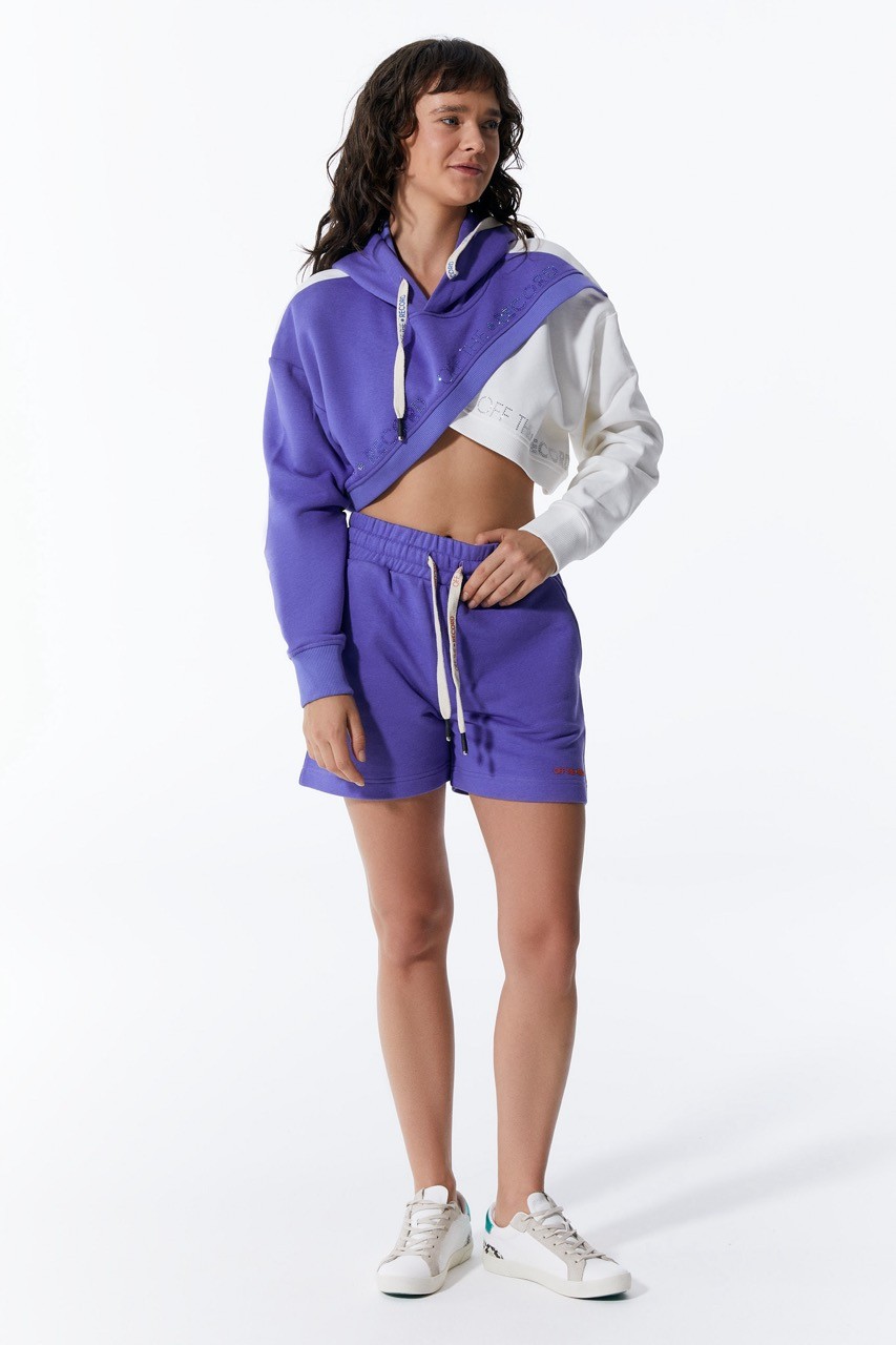 Lila-weißer Crop Hoodie für Frauen