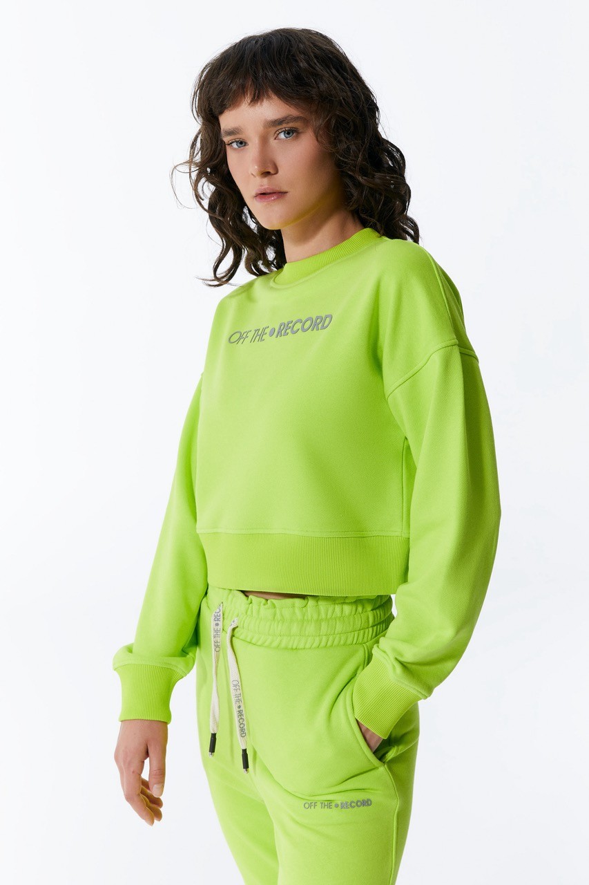 Grünes Basic-Damen-Sweatshirt mit Gummizug in der Taille