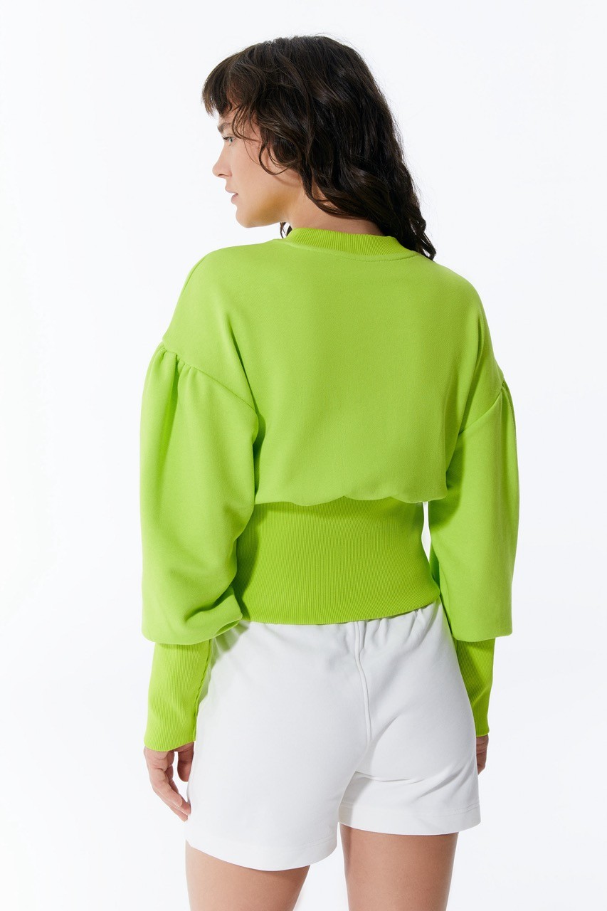 Grünes Damen-Crop-Sweatshirt mit Ballonärmeln