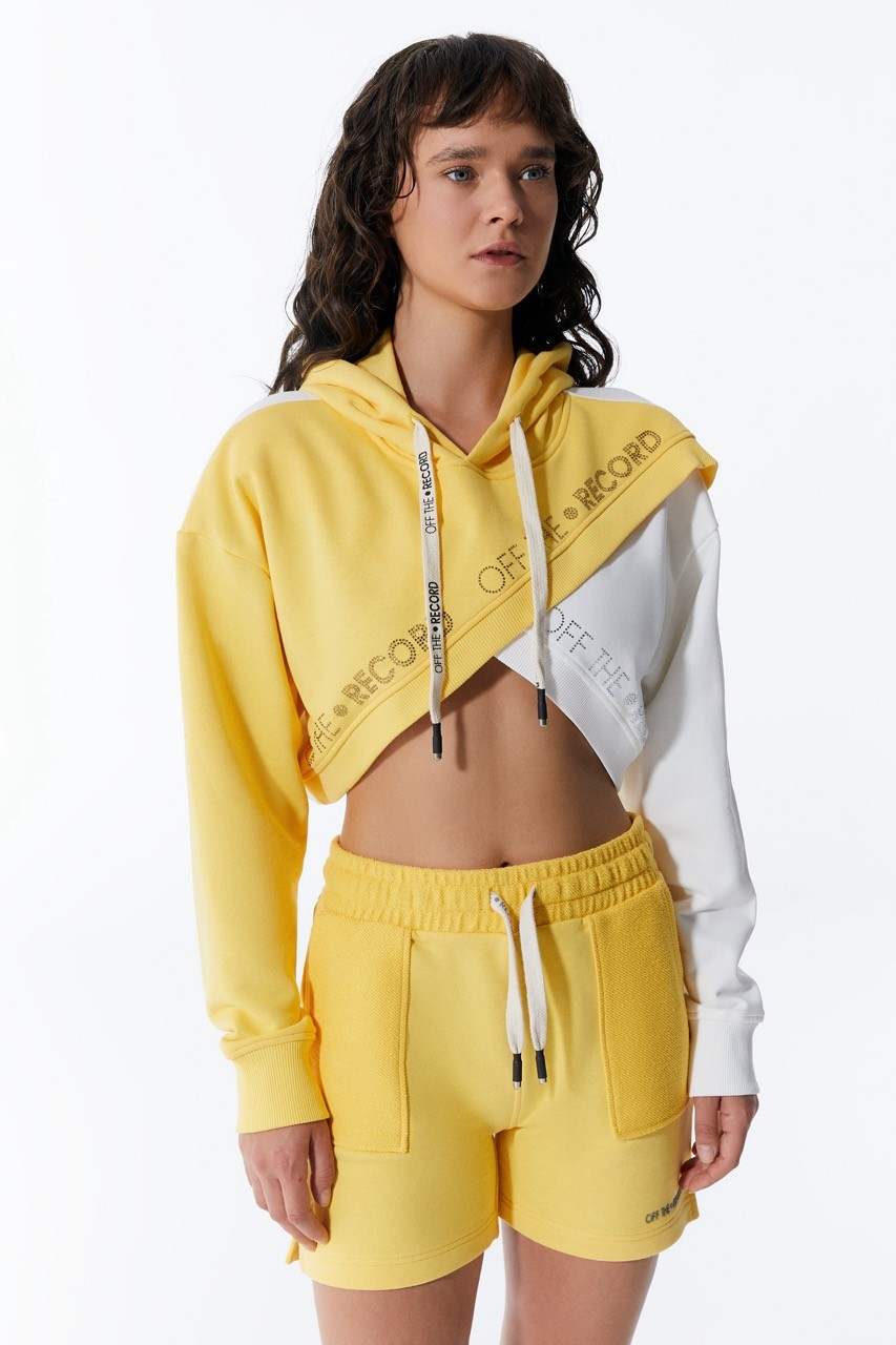 Gelb-weißer Crop Hoodie für Frauen