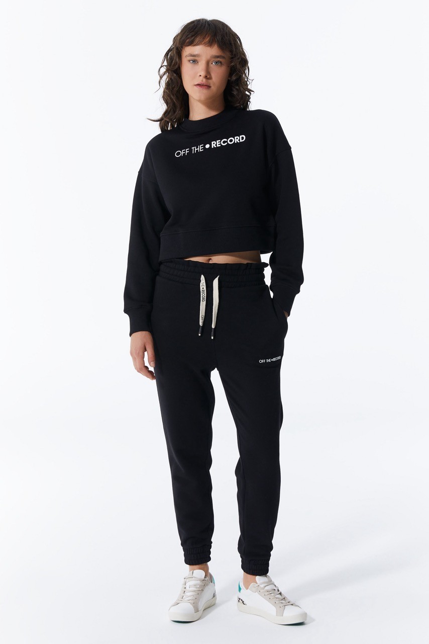 Schwarzes Basic-Damen-Sweatshirt mit Gummizug in der Taille