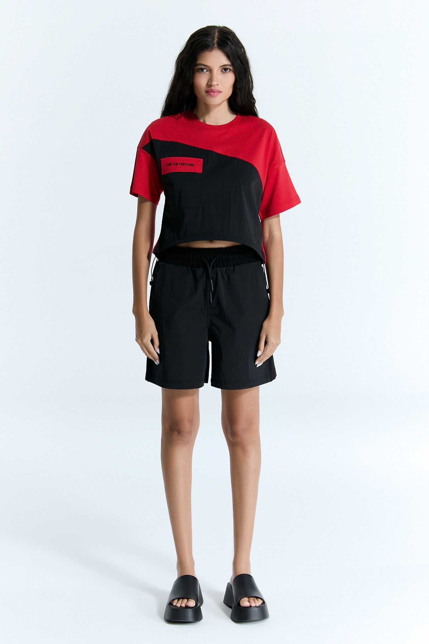 Rot-Schwarzes Damen Crop T-Shirt