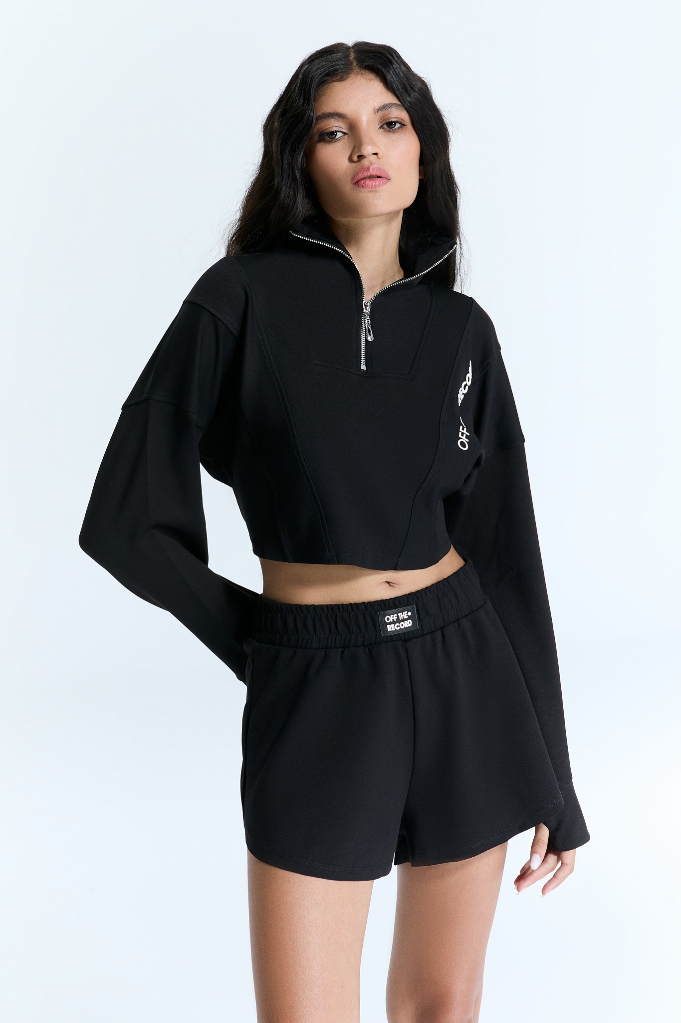 Zip Crop Schwarzes Sweatshirt für Frauen