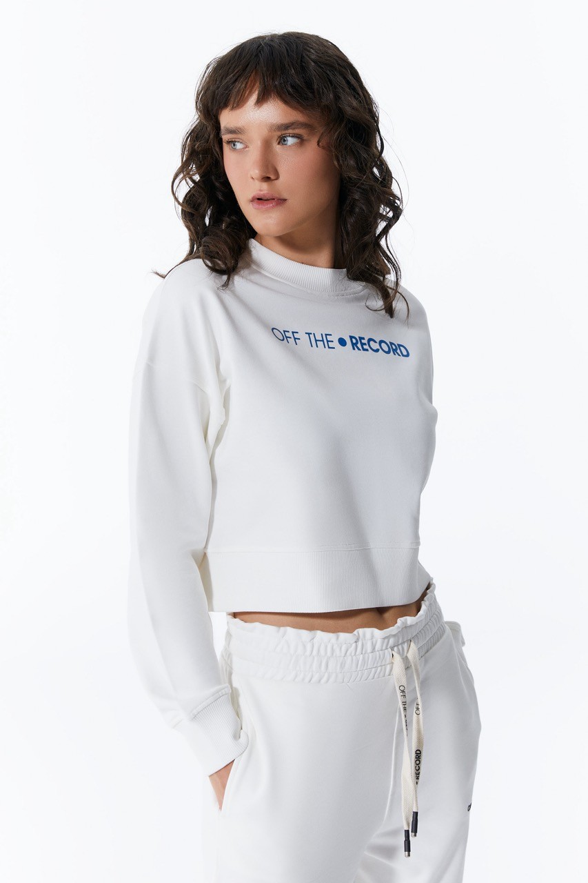 Weißes Basic-Damen-Sweatshirt mit Gummizug in der Taille