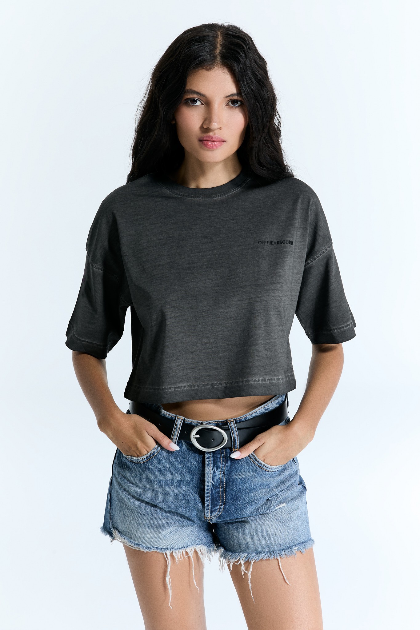 Kurzarm Basic Anthrazit Damen Crop