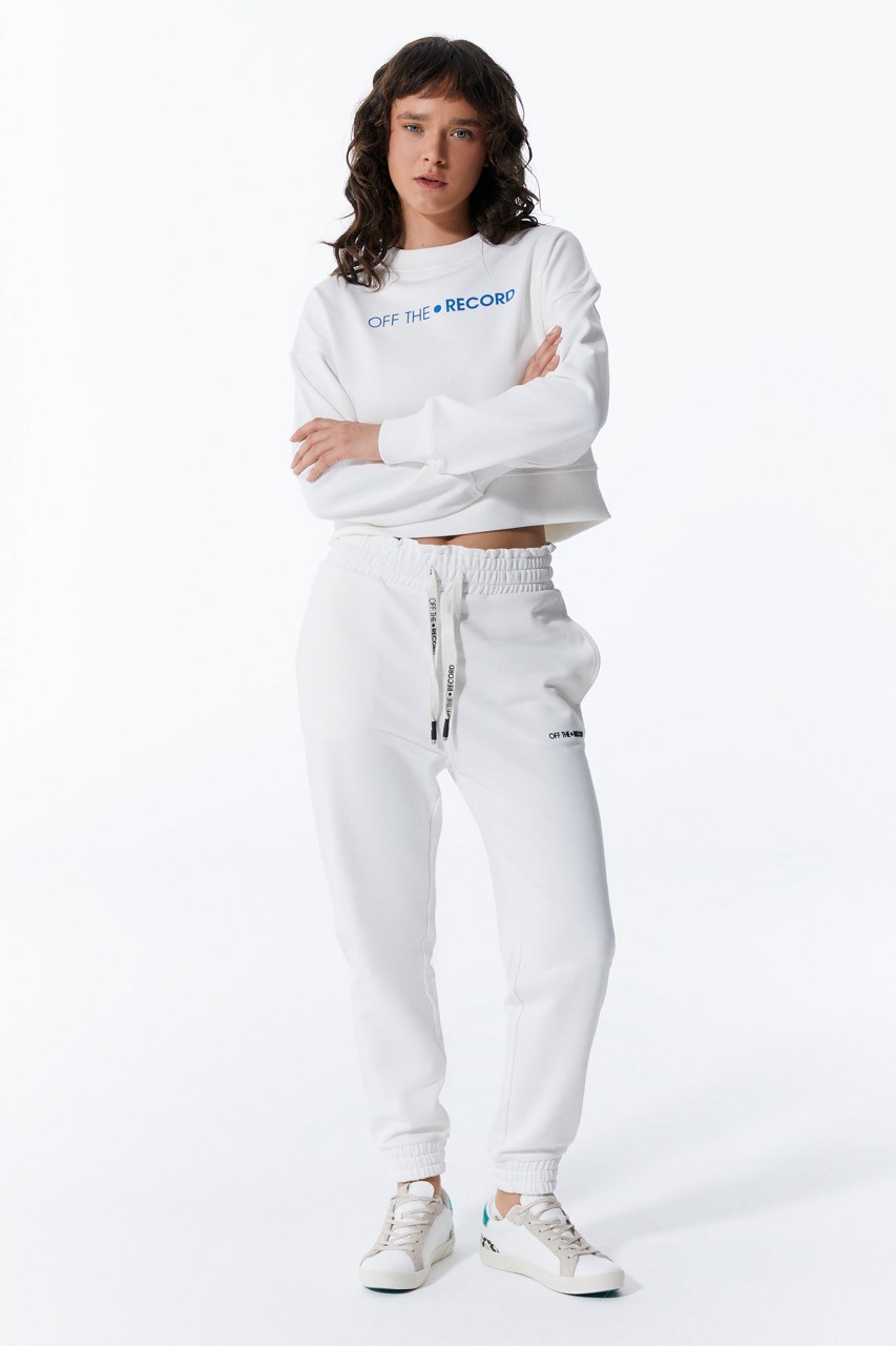 Weißes Basic-Damen-Sweatshirt mit Gummizug in der Taille