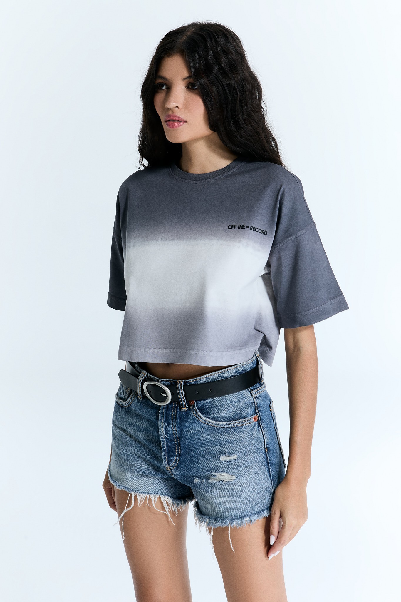 Gradient Damen Grau-Weißes Crop-T-Shirt