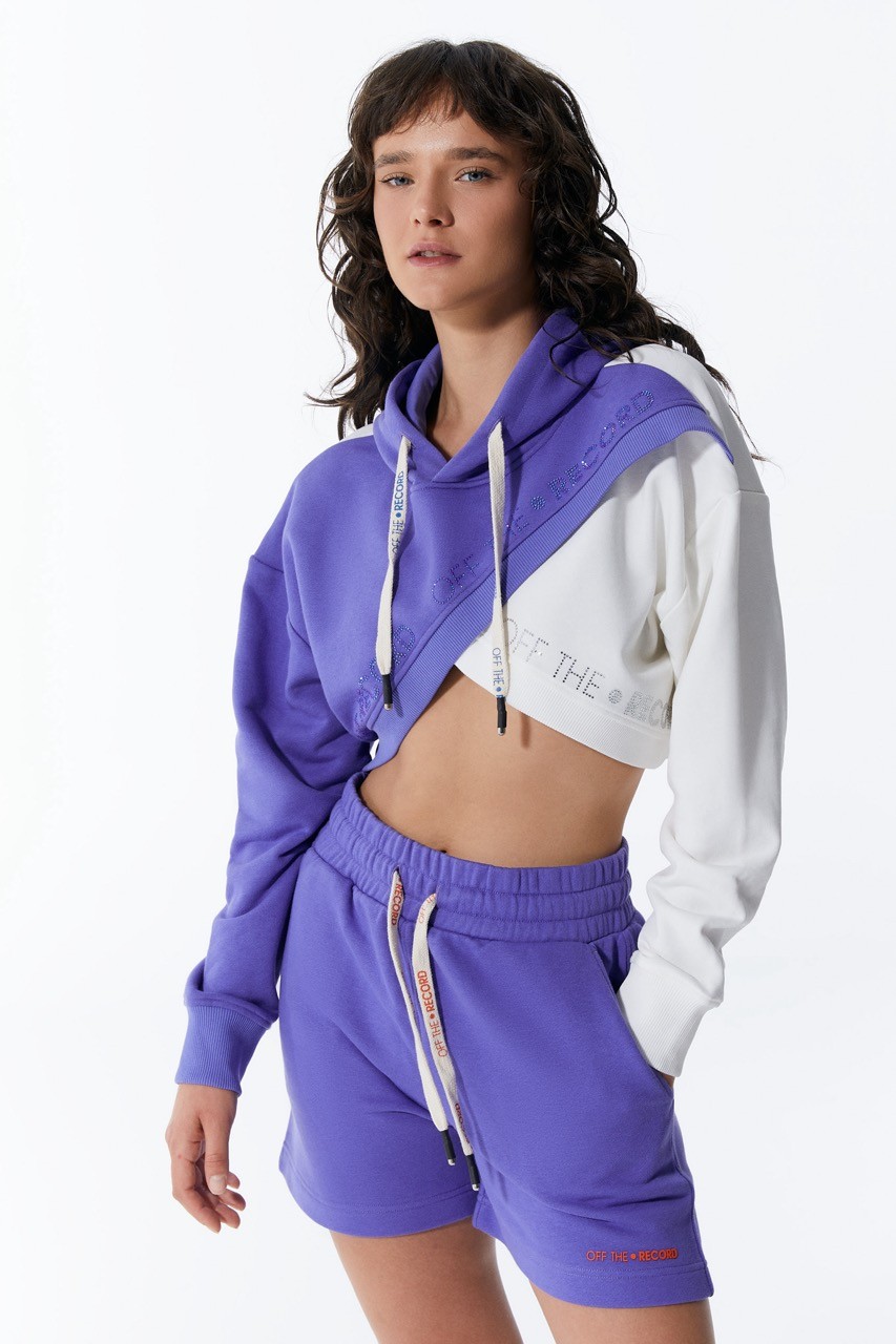 Lila-weißer Crop Hoodie für Frauen