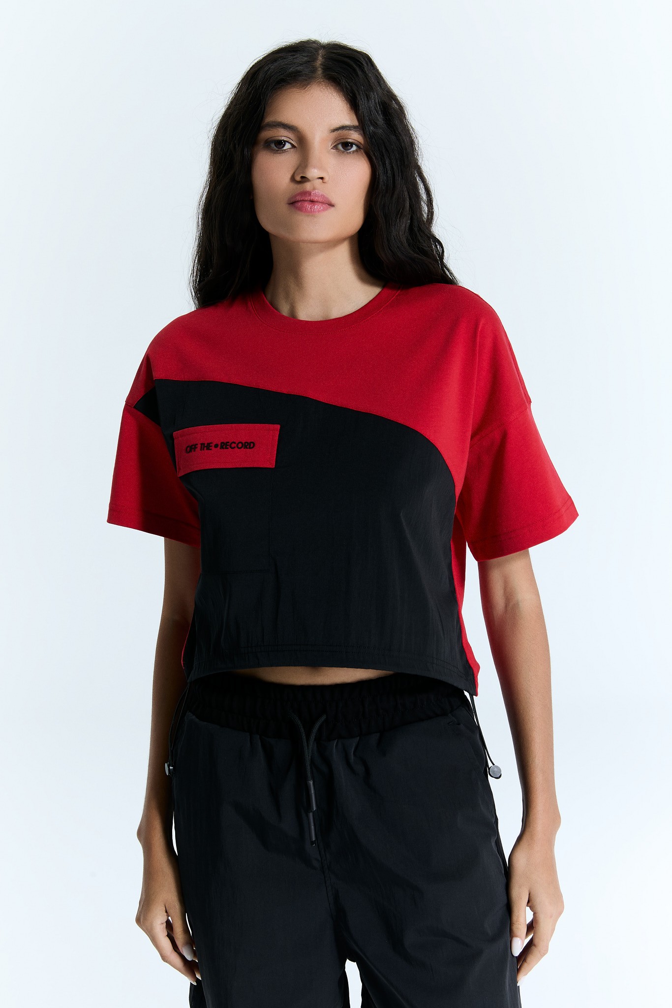 Rot-Schwarzes Damen Crop T-Shirt