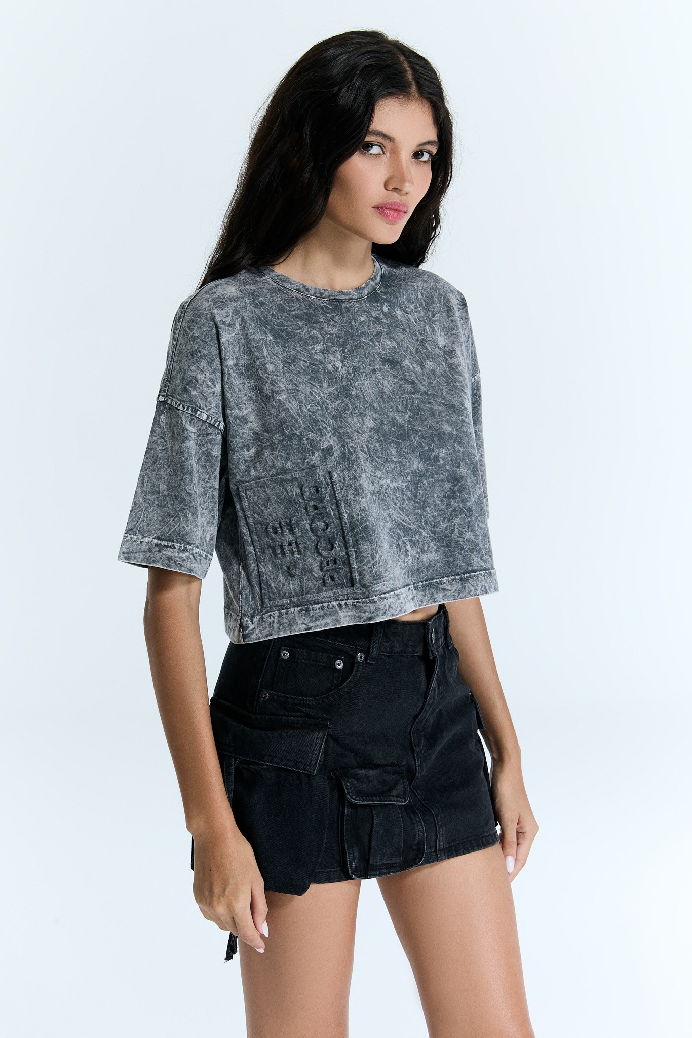 Kurzarm Grau Gemischt Gemustert Damen Crop