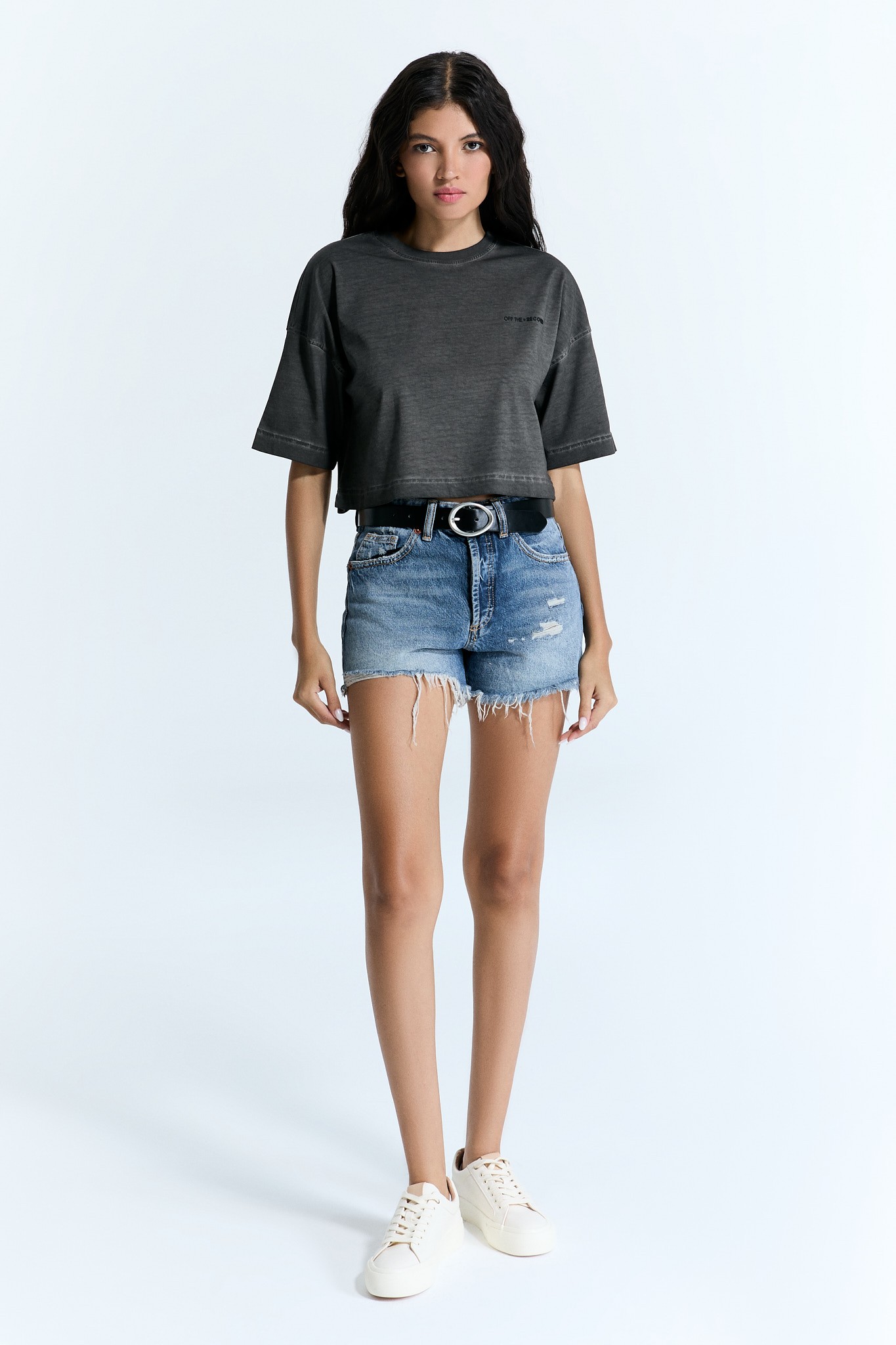 Kurzarm Basic Anthrazit Damen Crop