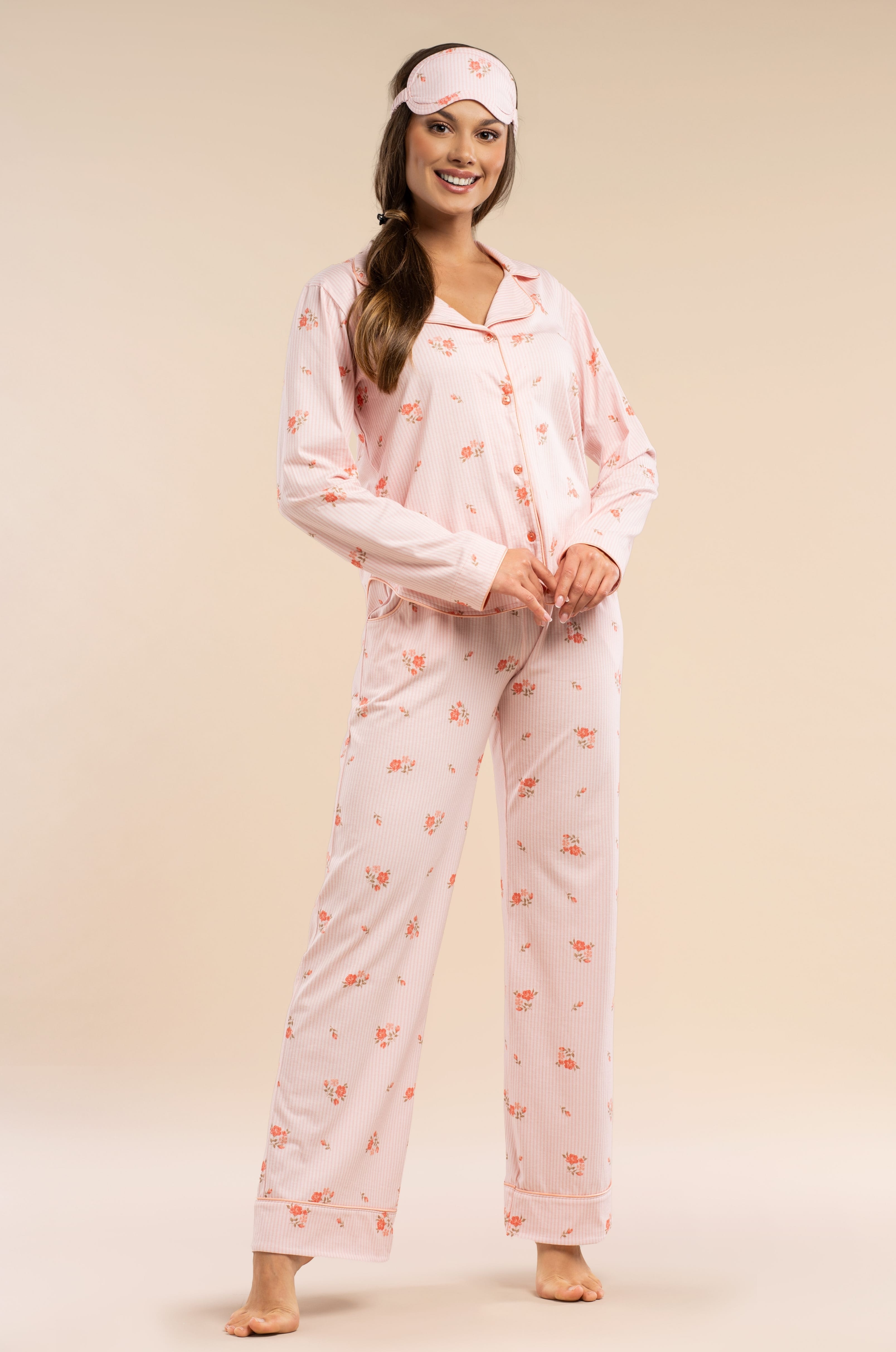 Damen Pyjama 2-teilig, 100% Baumwolle | Rosa Nadelstreifen & Blumenprint, Knopfleiste, lange Hose mit Taschen