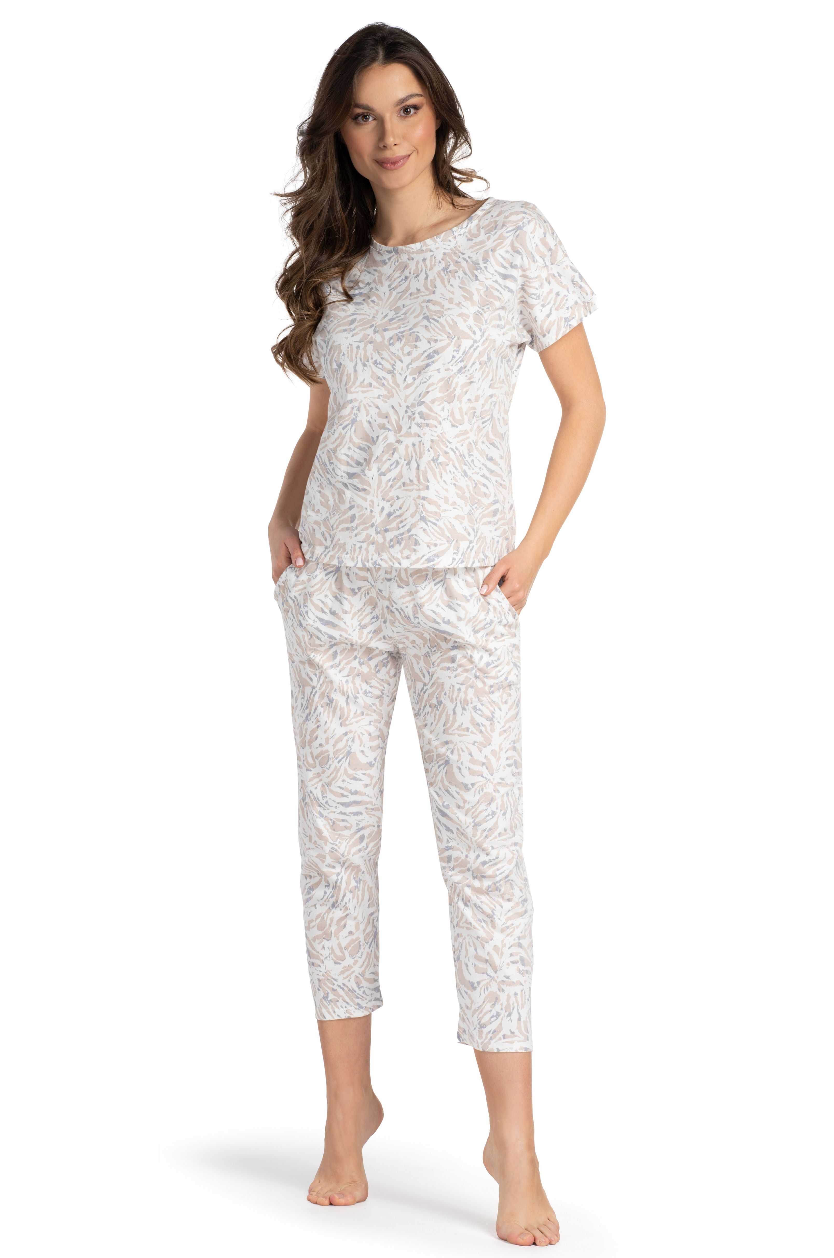 Damen Capri Pyjama | 100 % Baumwolle mit Naturmuster