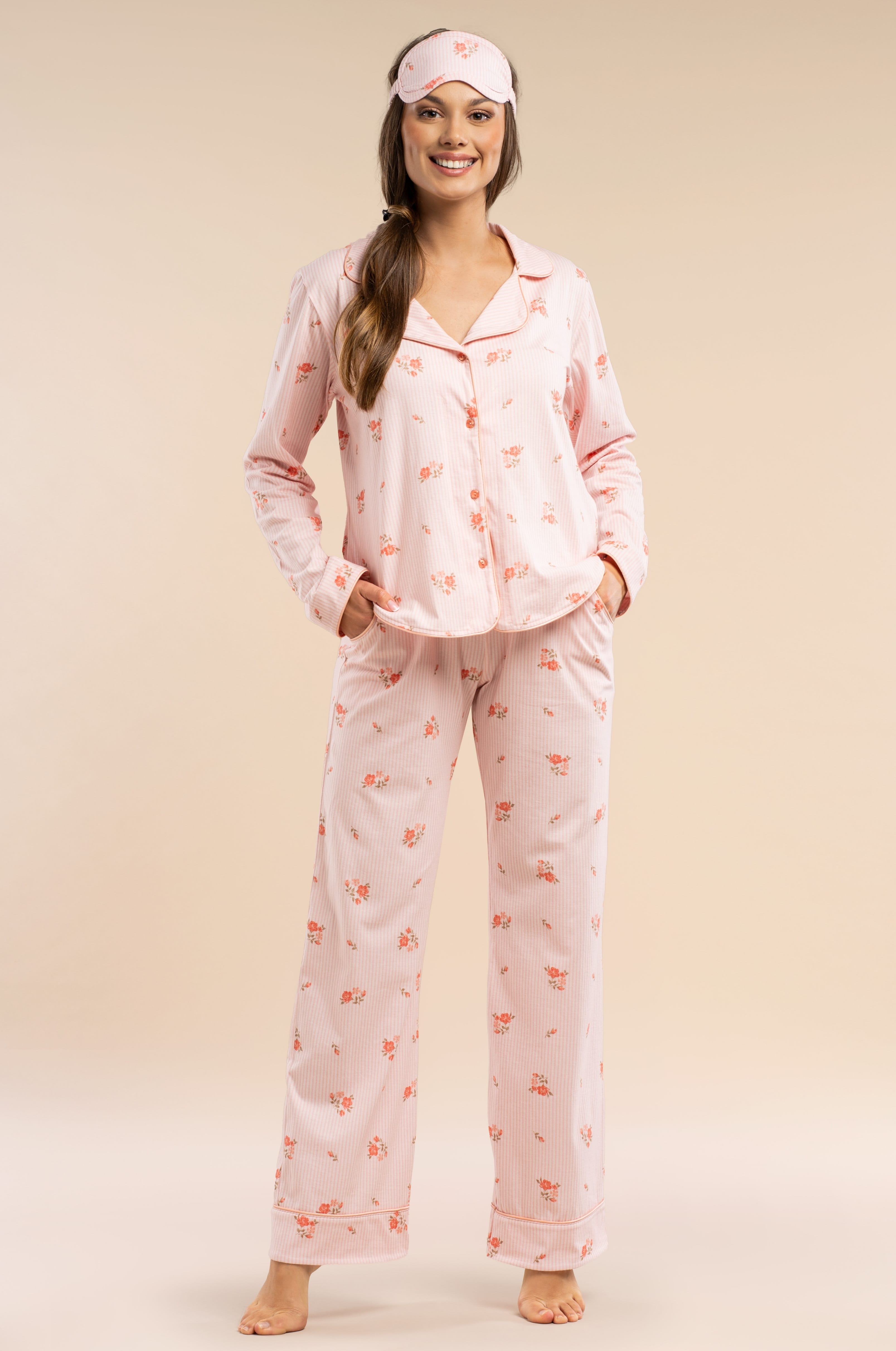 Damen Pyjama 2-teilig, 100% Baumwolle | Rosa Nadelstreifen & Blumenprint, Knopfleiste, lange Hose mit Taschen