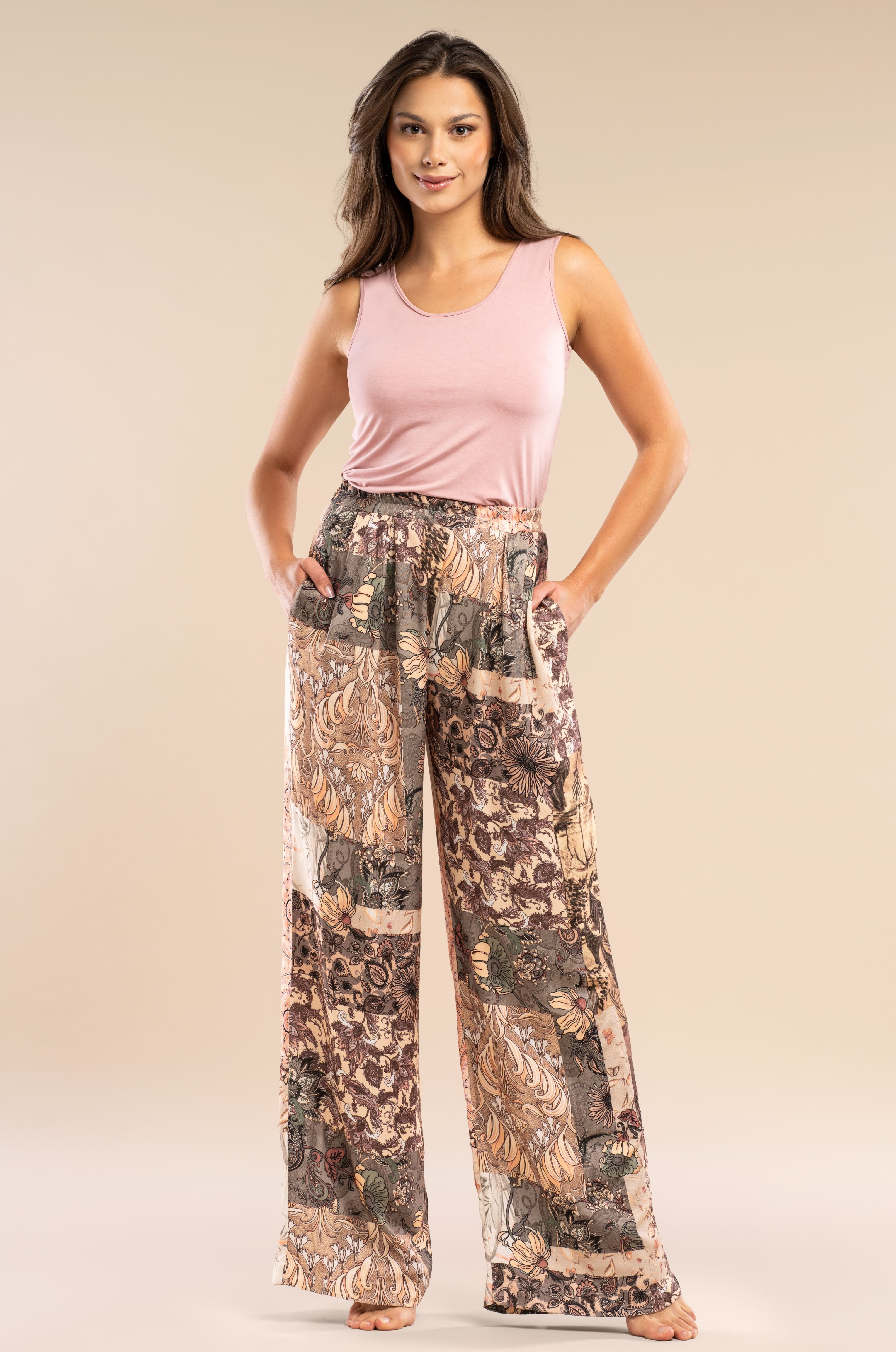 Damen Satin-Pyjama-Hose – Bohemian Patchwork Design mit weitem Bein & elastischem Bund