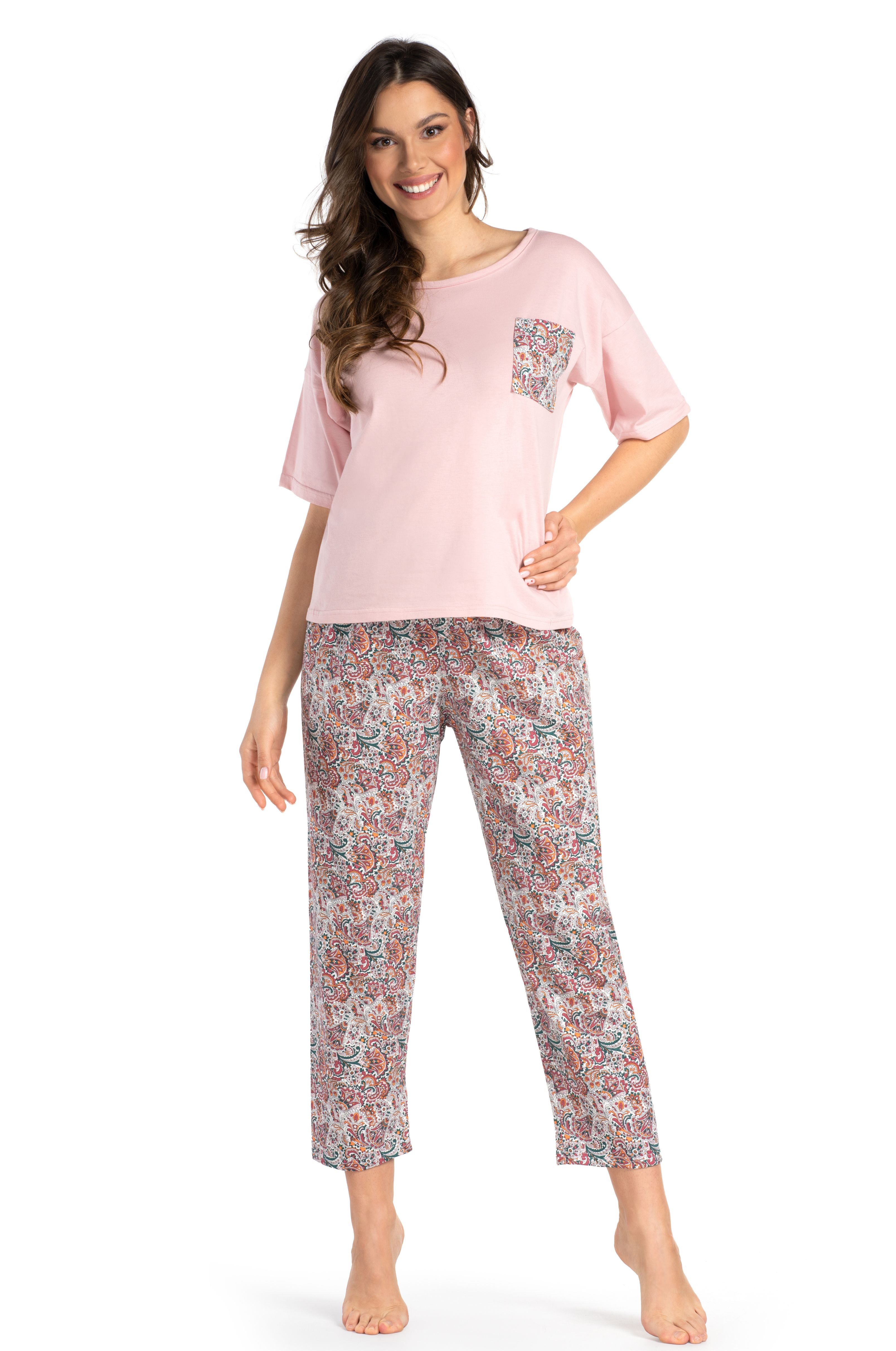 Damen Schlafanzug kurzarm | Baumwoll-Pyjama mit rosa Shirt & Paisley-Hose