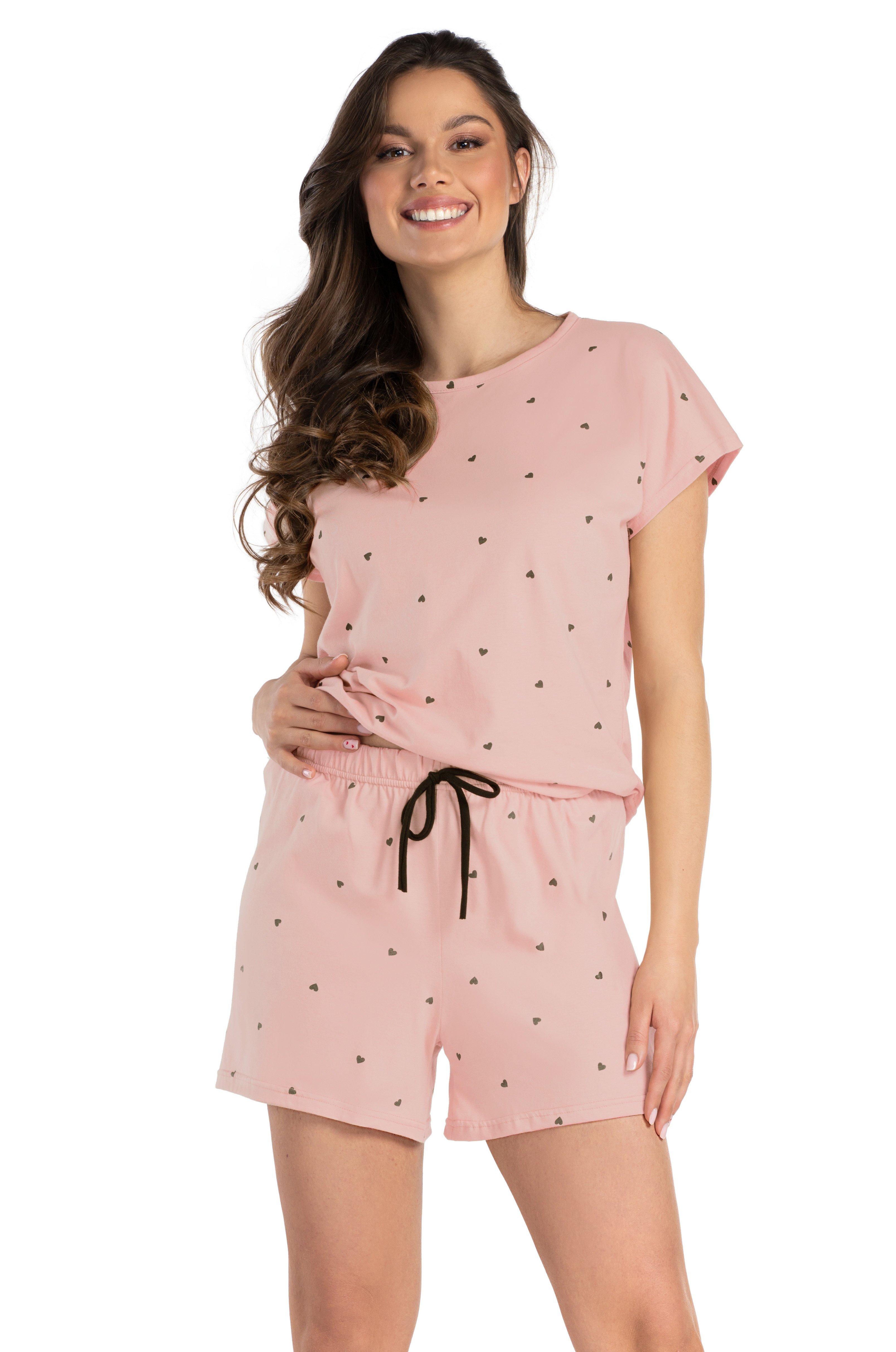 Damen Shorty-Pyjama | Altrosa mit Herzchen-Print, 100% Baumwolle