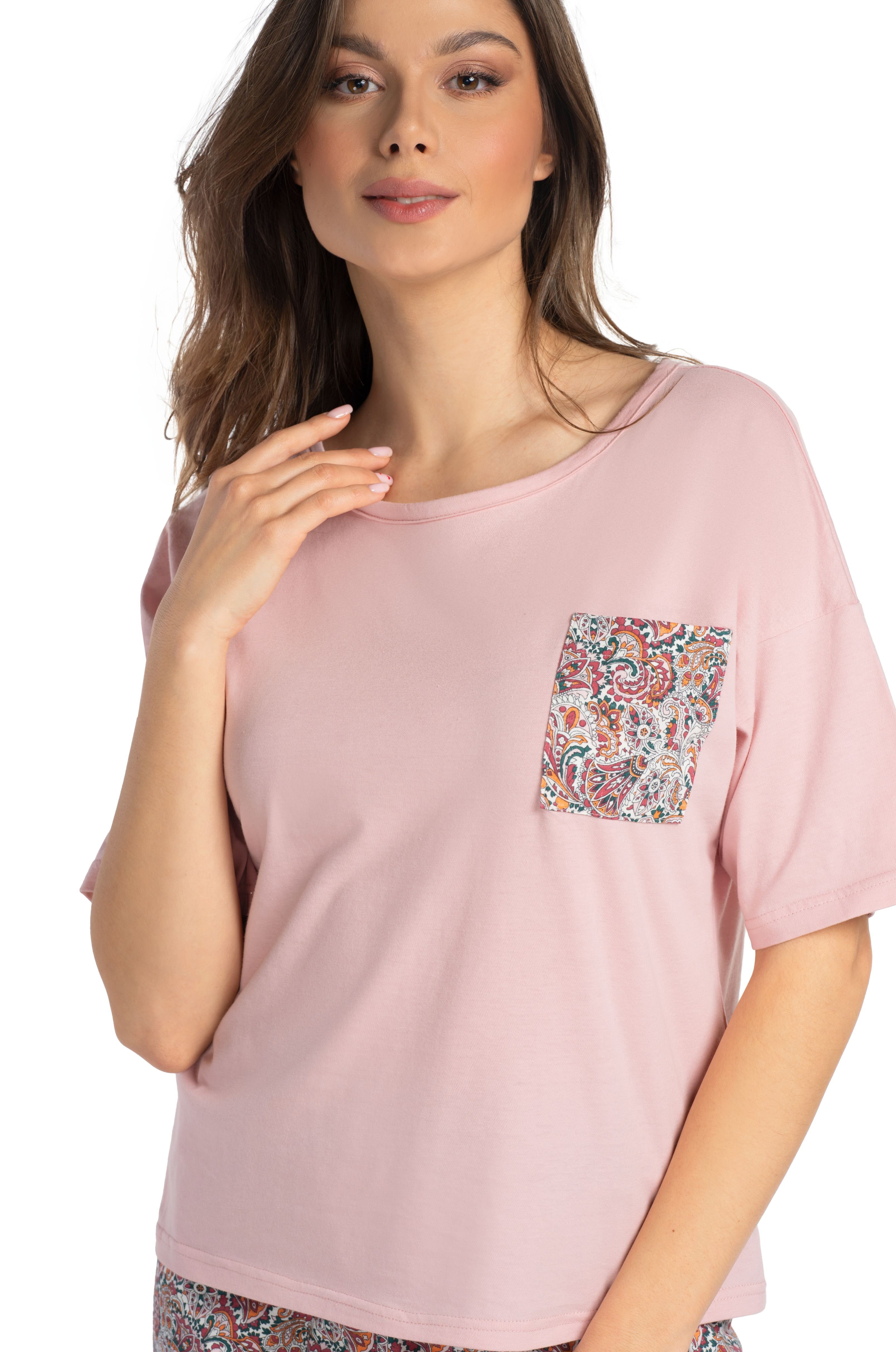 Damen Schlafanzug kurzarm | Baumwoll-Pyjama mit rosa Shirt & Paisley-Hose