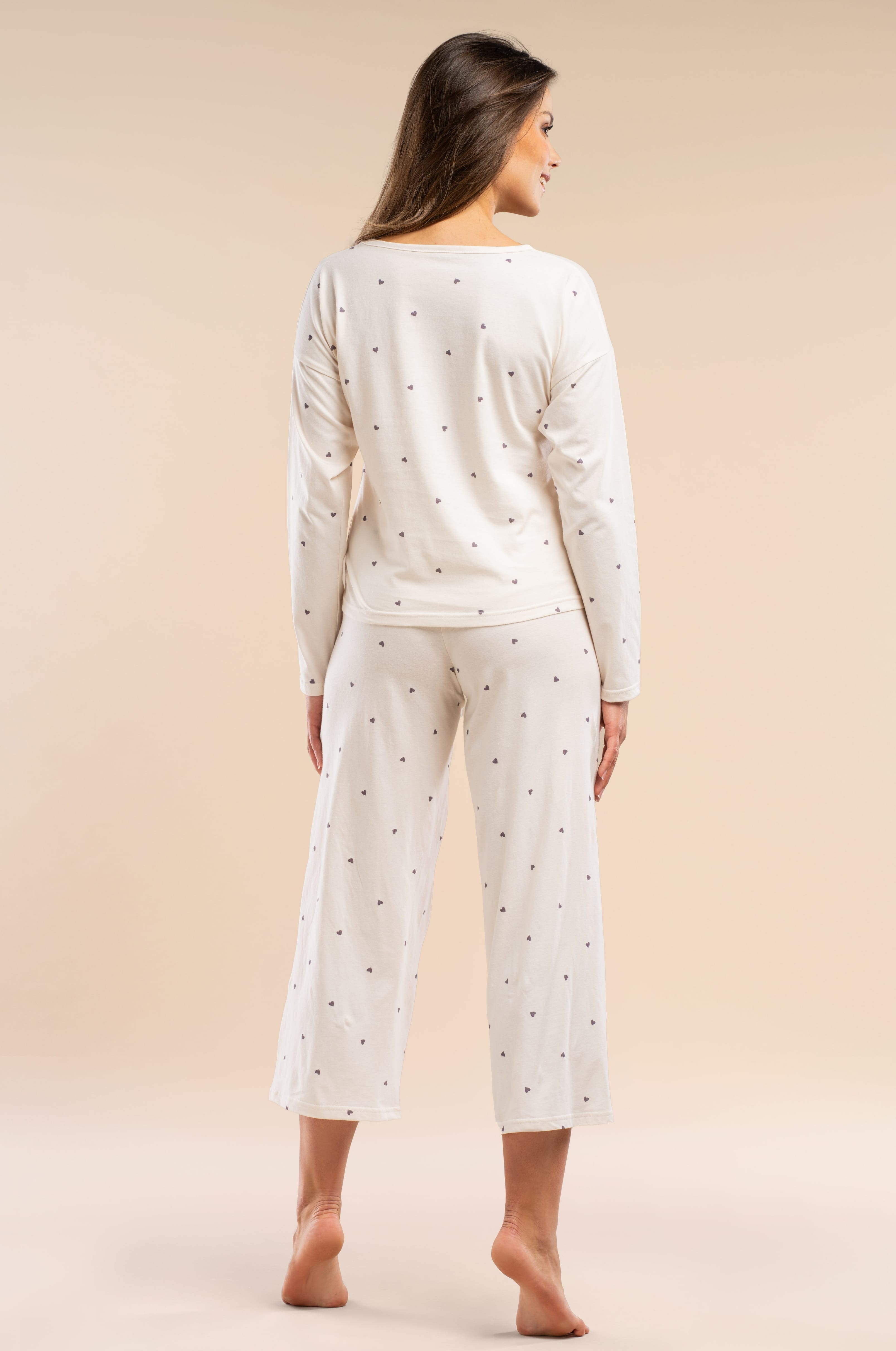 Damen Pyjama mit Langarmshirt & 7/8-Hose mit Herzchenmuster | Creme & Dunkelgrau, 100 % Baumwolle