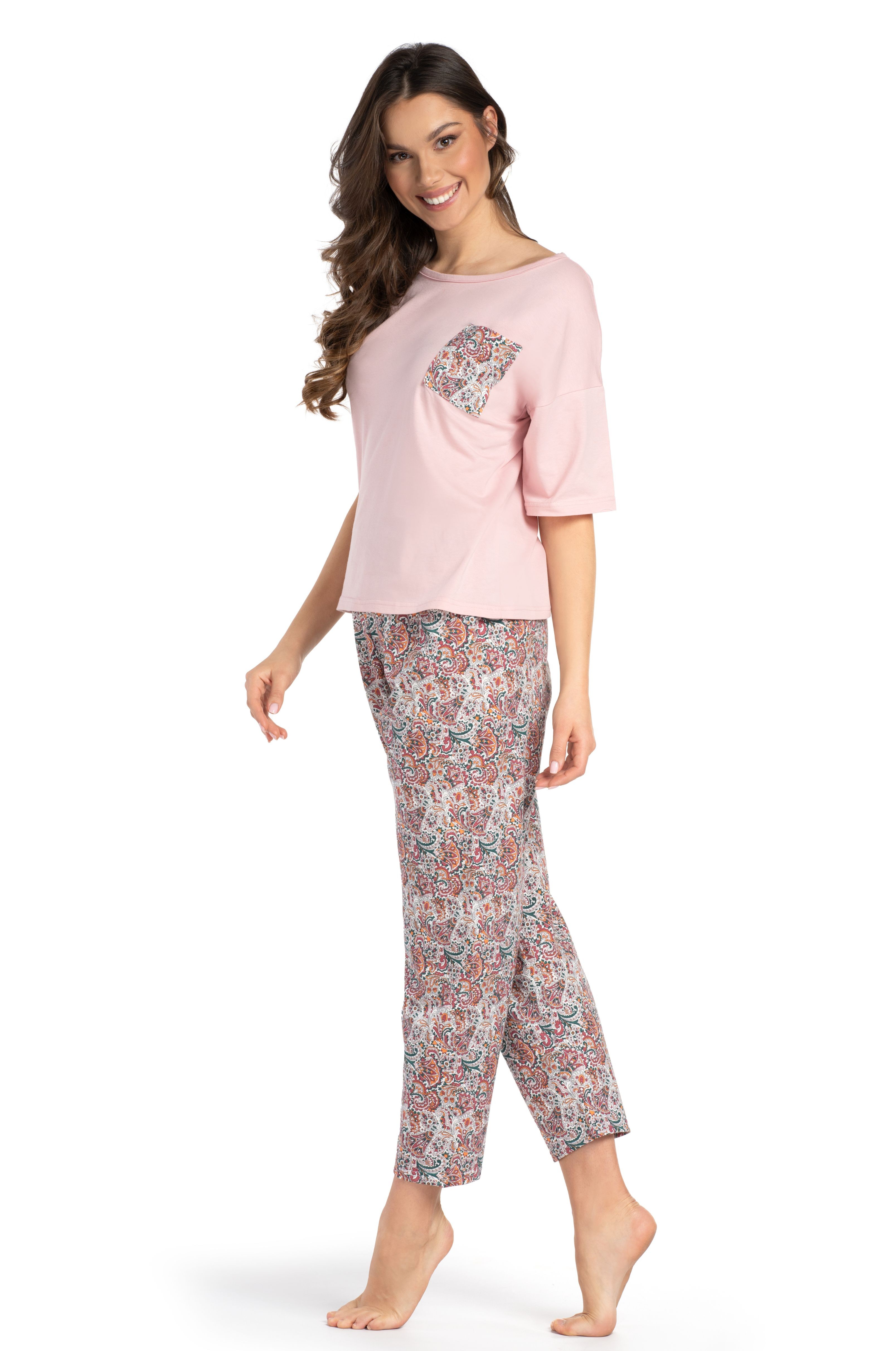 Damen Schlafanzug kurzarm | Baumwoll-Pyjama mit rosa Shirt & Paisley-Hose