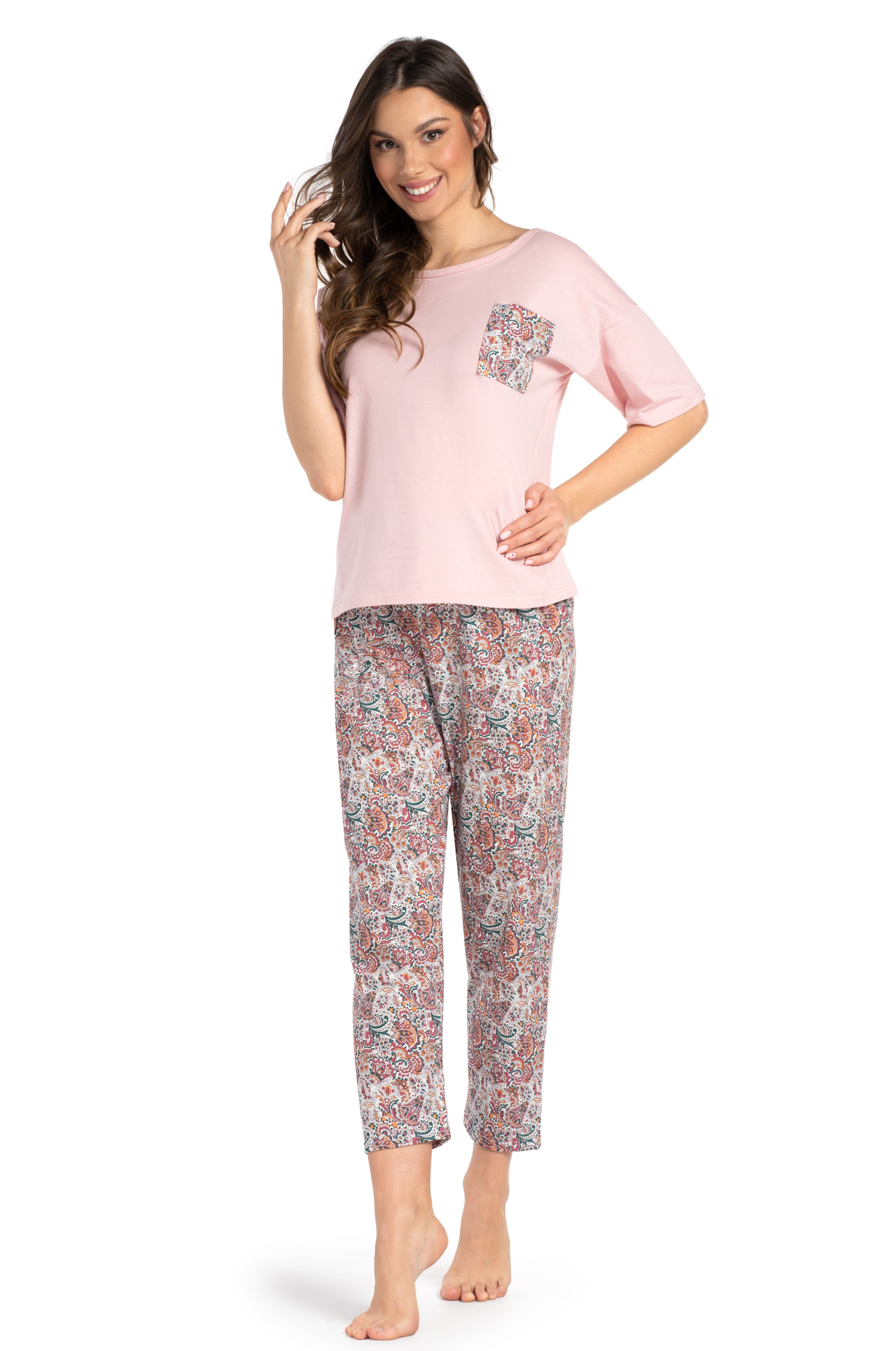 Damen Schlafanzug kurzarm | Baumwoll-Pyjama mit rosa Shirt & Paisley-Hose